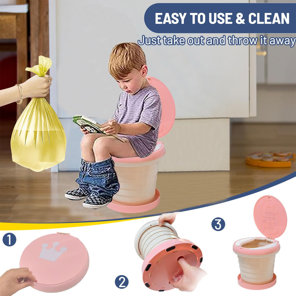 SunnySmile - Orinal de viaje para niños pequeños, inodoro portátil y plegable, se aplica al asiento de emergencia para automóvil, campamento, al aire última intervensión, interior (rosa, grande)