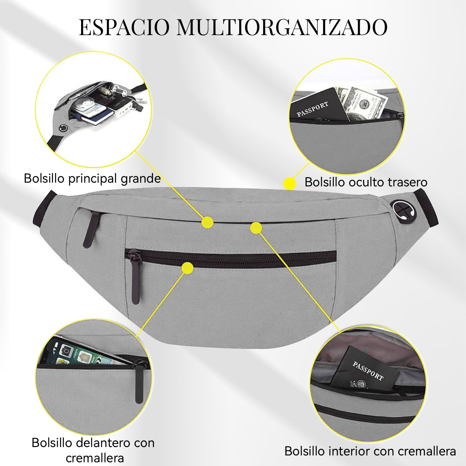 CXJYSD Riñonera de casual para hombres y mujeres,correa de hombro ajustable multifuncional,bolso cruzado con 4 bolsillos con cremallera, adecuado para hacer ejercicio,correr (gris claro-04)