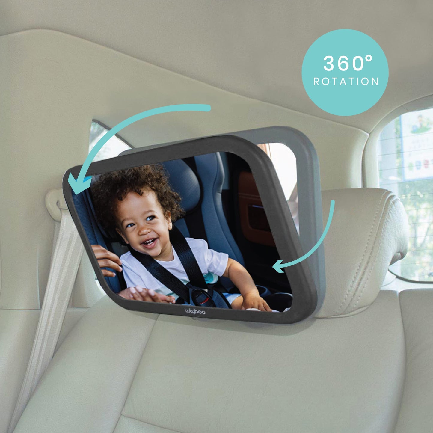 Lulyboo Espejo de bebé grande para coche con rotación de 360°, espejo de asiento trasero ajustable, color negro
