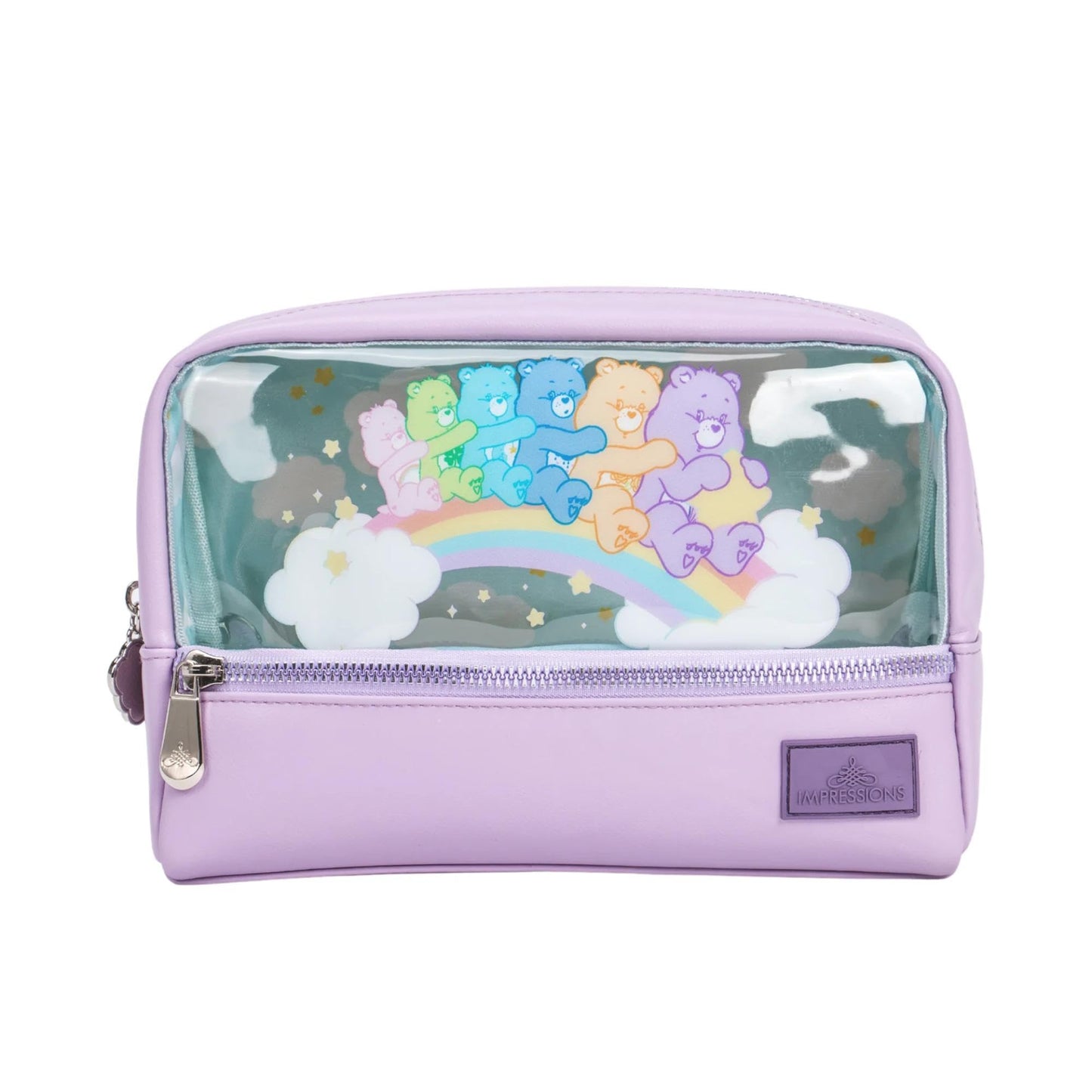 Impressions Vanity Care Bears - Bolsa de maquillaje con diseño de osos de característicos de arte, organizador de bolsas de maquillaje de viaje con ventana transparente de vinilo, dos compartimentos
