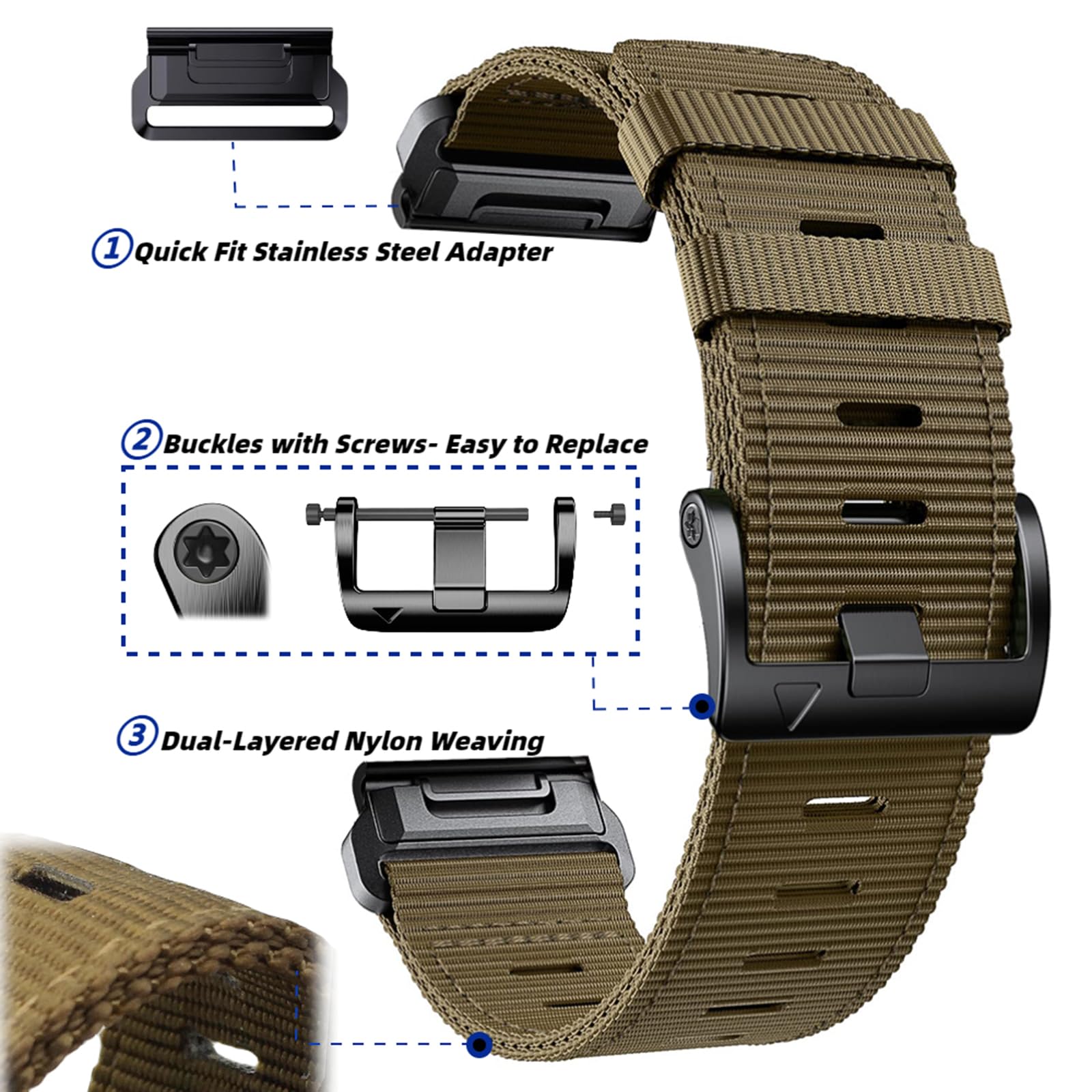 Correa de reloj de 22 mm y 26 mm para Garmin, correa deportiva de nailon súper resistente de ajuste rápido para fēnix/epix/Tactix/Forerunner/Approach/MARQ/Quatix/ D2 Series Correa de repuesto, 26mm