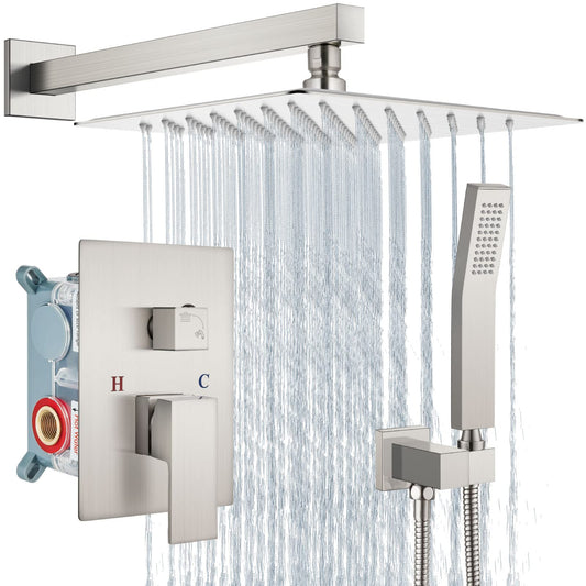 Aolemi Sistema de ducha de lluvia de 10 pulgadas con cabezal de ducha cepillado Nikcel Combo Set con válvula de ducha de mano Rough-In incluida, montaje en pared, grifo mezclador de ducha