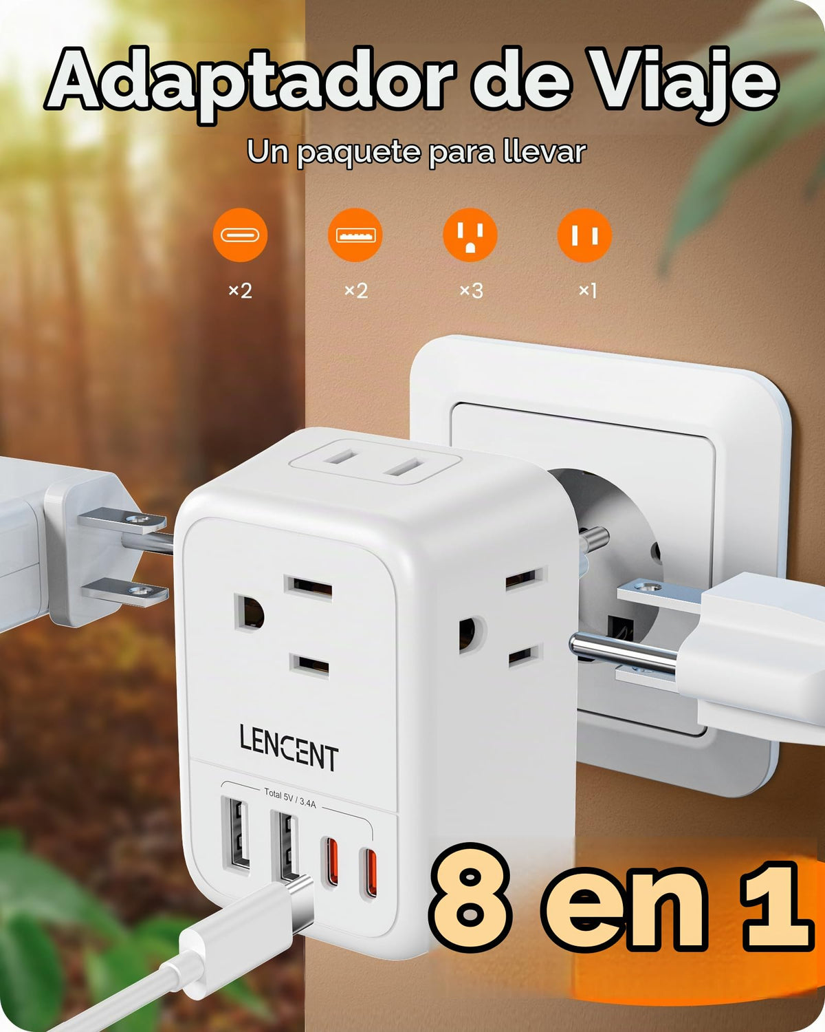 Adaptador de Viaje LENCENT Schuko Blanco con 4 Salidas CA
