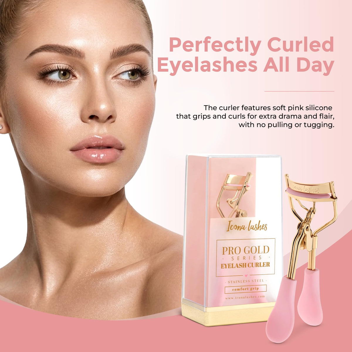 Eyelash Curler for Lush, Luxurious Lashes || 24K Gold Plated Stainless Steel with Silicone Pad & Ergonomic Silicone Cushioned Handles || Comes with Ex