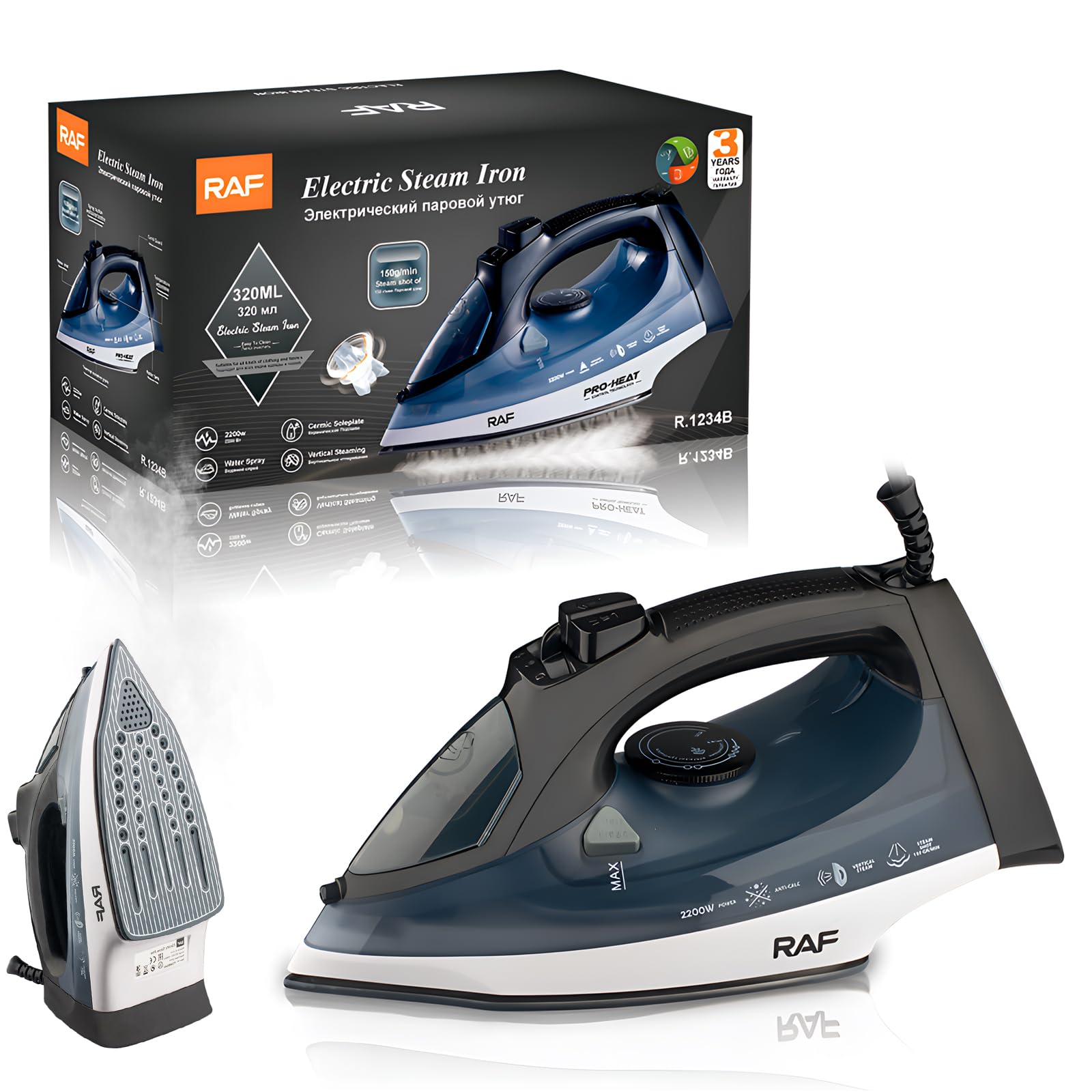 XINTM Plancha de Vapor 320ML con Suela de Cerámica, 2200w Plancha de Ropa Profesional, Uso Húmedo y Seco, con 3 Niveles Djuste de Temperatura y Función Antical, para Familias, Tiendas de ropa