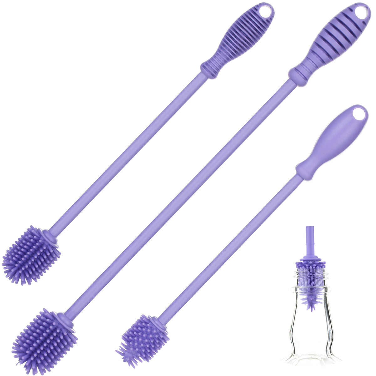A-Brush - Cepillo para Polvo Limpiador de Botellas de Silicona sin BPA, Mango Largo, Ideal para Botellas de Agua de Vidrio y plástico, para Botellas de Agua (Juego de 3 Piezas de Color Morado Claro)