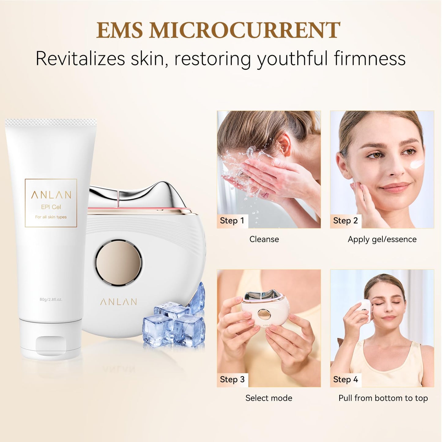 Masajeador facial eléctrico EMS Gua Sha ANLAN, antiarrugas, conlámpara de luz azul violeta y roja, masajeador facial de calor fríocon 3 niveles de intensidad, antienvejecimiento (Blanca)