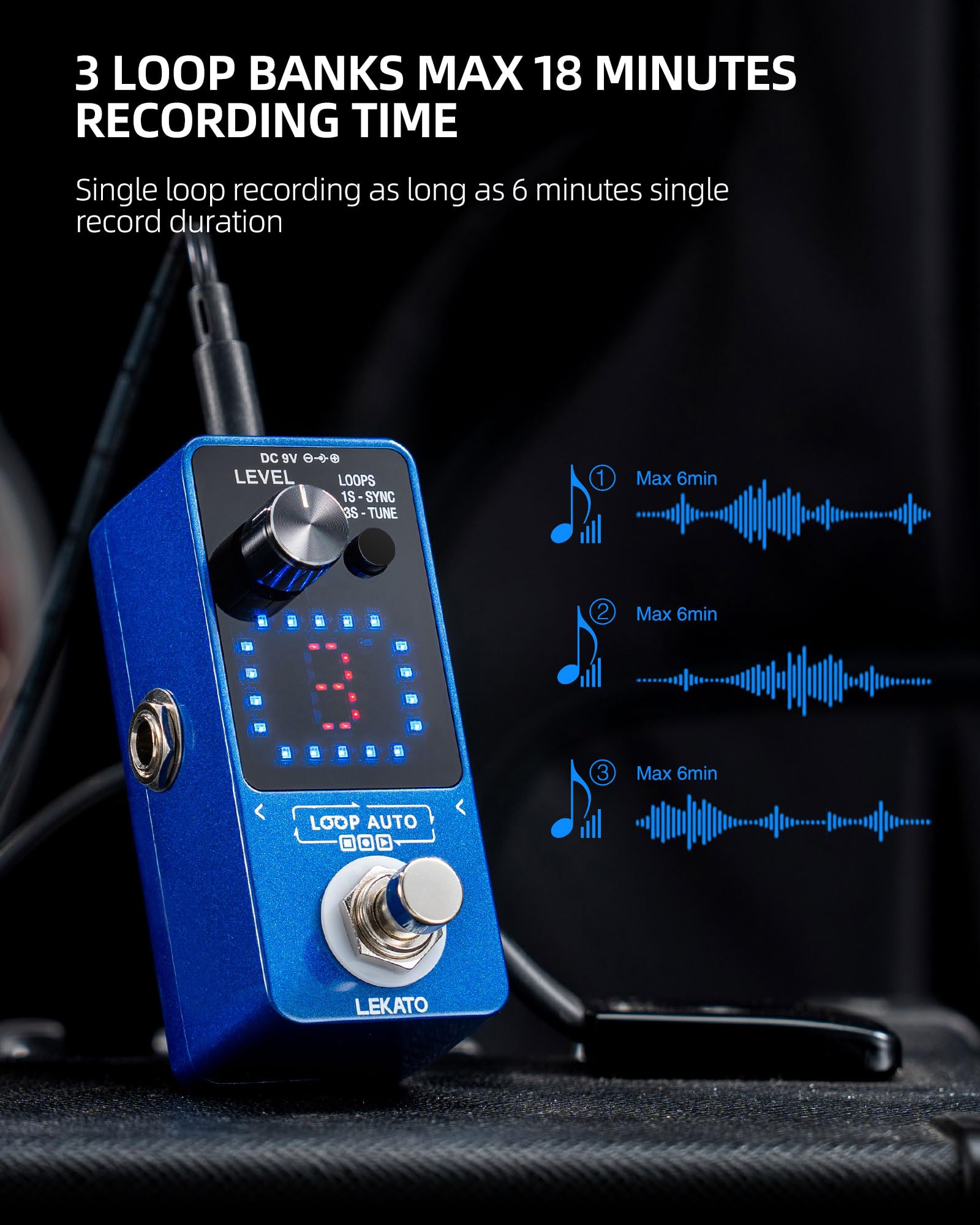 LEKATO - Pedal para guitarra con adaptador de fuente de alimentación de pedal de bucle de 9 V 0.6 A, pedal de bucle de efecto con función SYNC y sintonizador para guitarra eléctrica, 3 bucles, 18