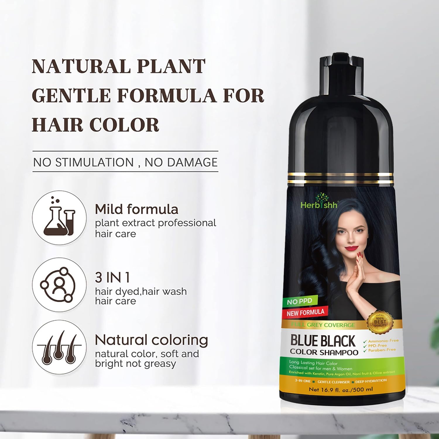 Herbishh Hair Color Shampoo for Gray Hair – Natural Hair Dye Shampoo – Colors Hair in Minutes – Lasts Up To 3-4 Weeks – 500 Ml – 3-In-1 Hair Color – Ammonia-Free | Herbishh (Blue Black)