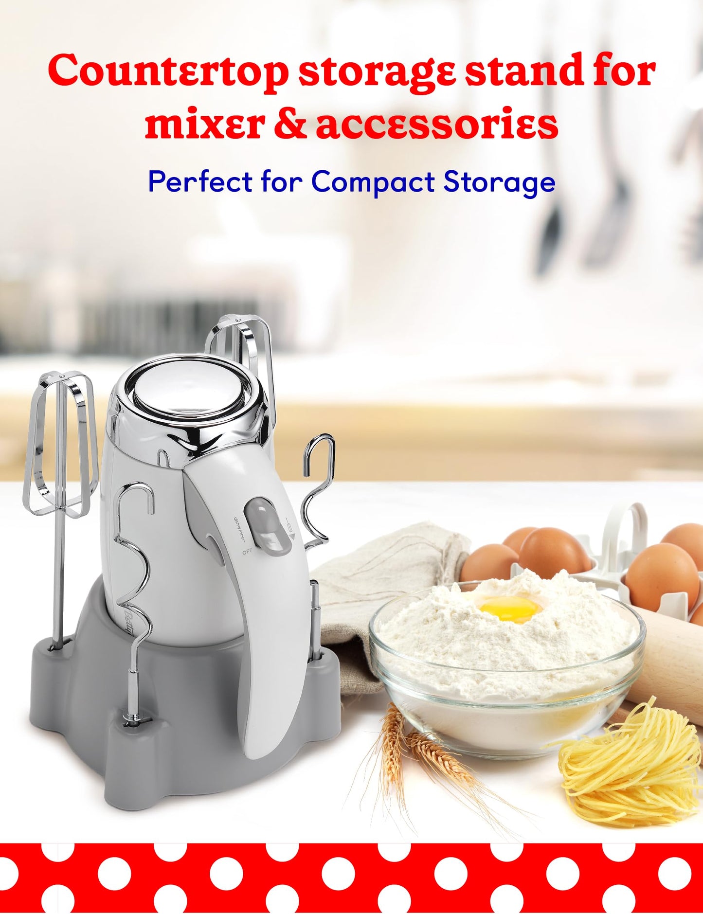 BETTY CROCKER - Batidora de mano eléctrica de 7 velocidades, 250 W con batidores y ganchos para masa, mezclador de mano eléctrico ergonómico para el hogar y la cocina con soporte y mango suave al