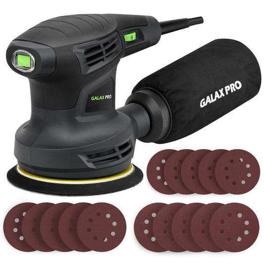 GALAX PRO - Lijadora orbital de 280 W 13000 OPM Max 6 velocidades variables con 15 discos de lijado, lijadora eléctrica de 5 pulgadas con colector de polvo para lijado y pulido