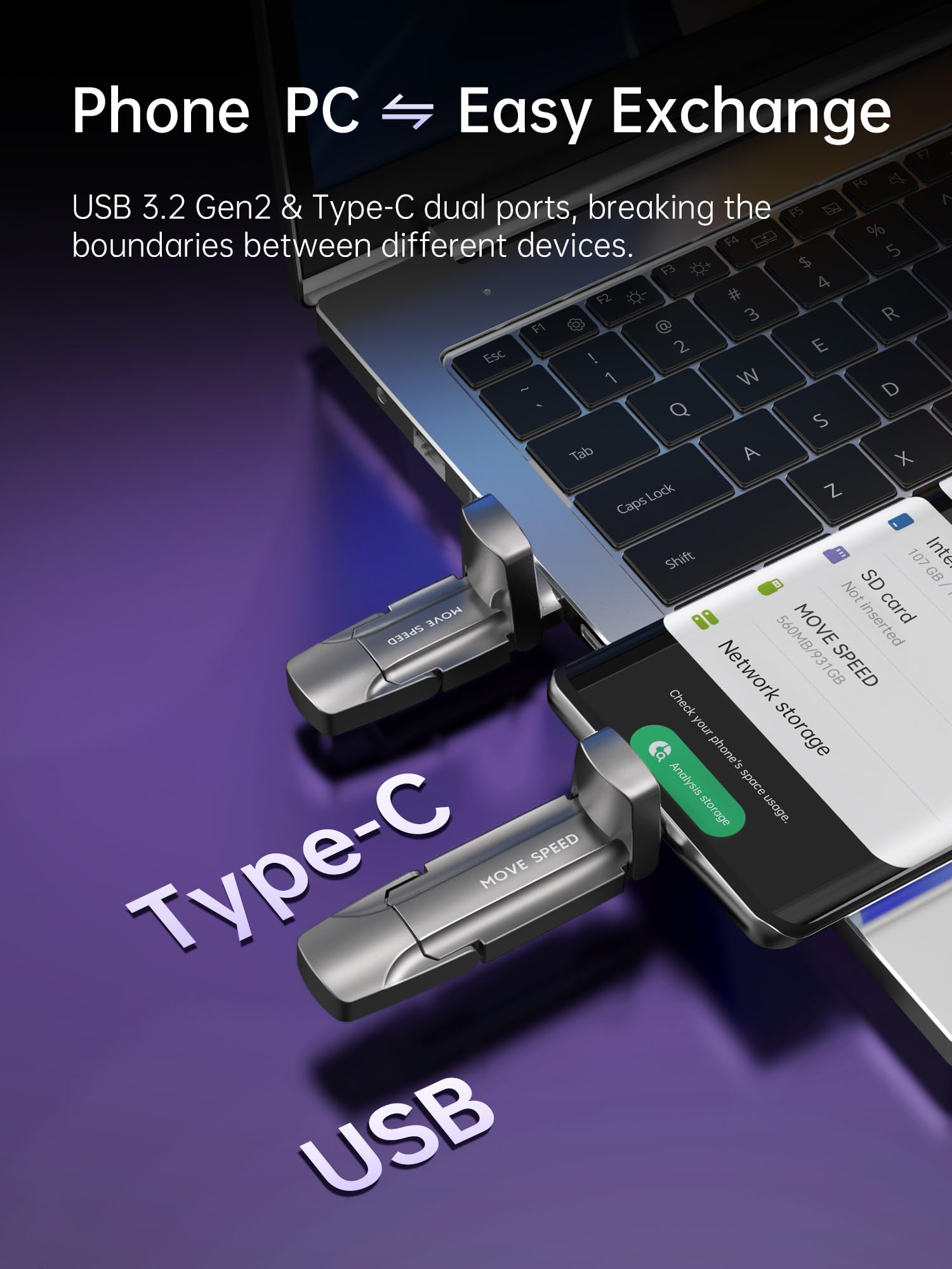 Unidad Flash MOVE SPEED 1 TB SSD Externa Velocidad 1000 MB/s USB 3.2 Gen2 Tipo C para iPhone 15 y MacBook