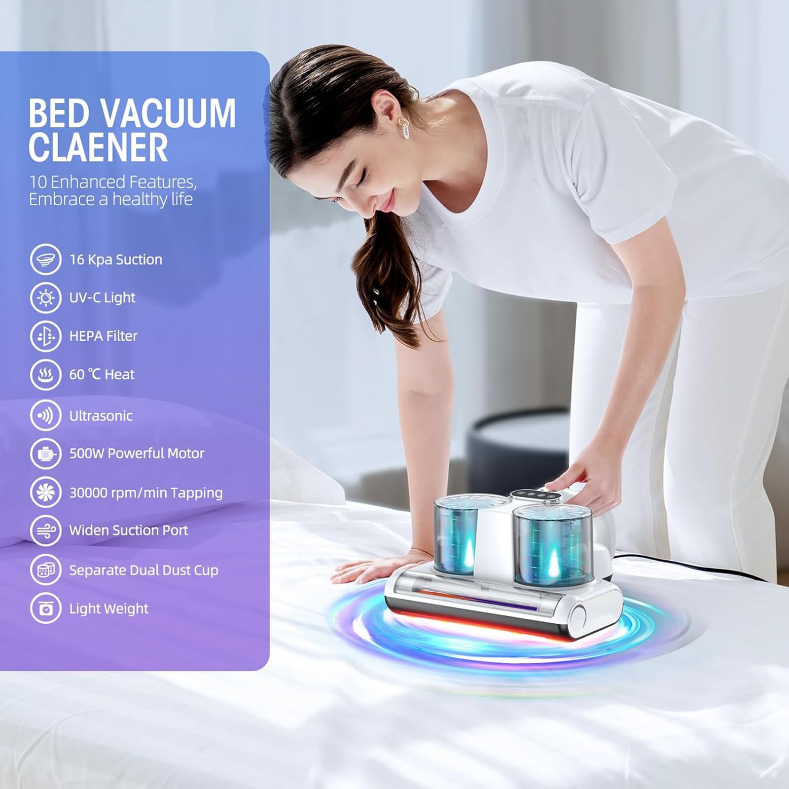 Aspiradora JPHYLL UV-C para Cama con Filtro HEPA, 16 Kpa, Luz UV-C, Negro