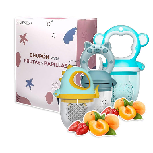 Chupones alimentadores para frutas y papillas con tapa libre de bpa, dibujos animados, 4m+ 3 piezas (pig azul / dino verde amarillo / monkey azul)