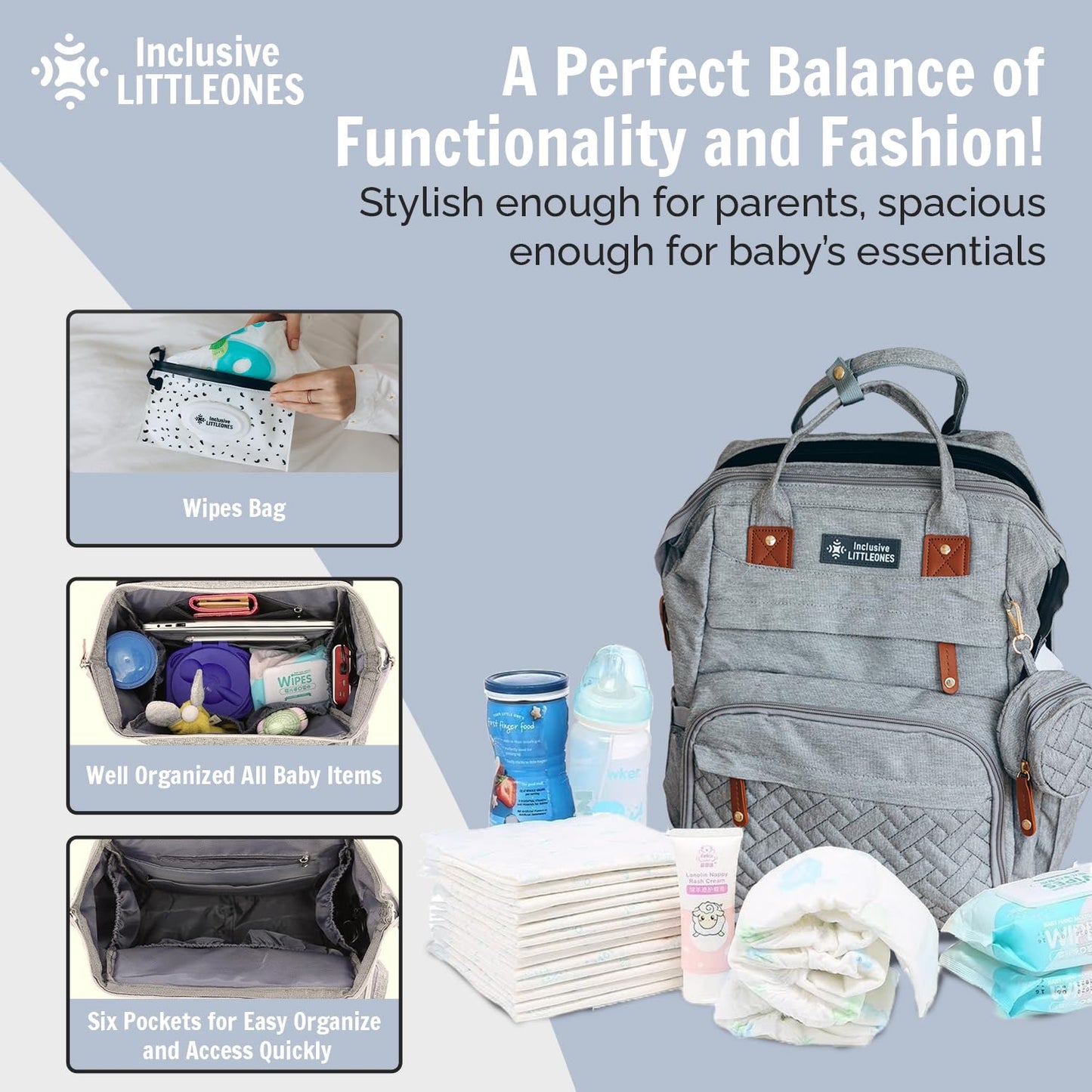 Inclusive LittleOnes - Mochila para pañales para bebé, almohadilla para cambiar, gran capacidad, puerto USB, funda para chupete, mosquitero y bolsa de toallitas | Elegante bolsa de viaje para niños