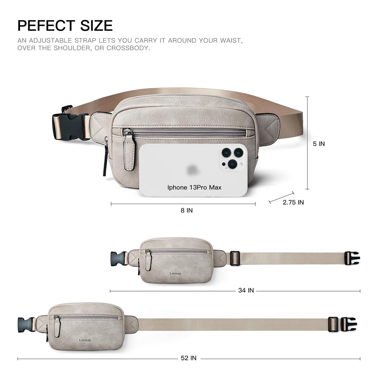 LATMAP - Riñonera de 2 L para todas partes, pequeña y a la moda, bandolera de piel sintética, impermeable, para mujer, a la moda, GrisáceoGreyish), Pequeño, Moda casual