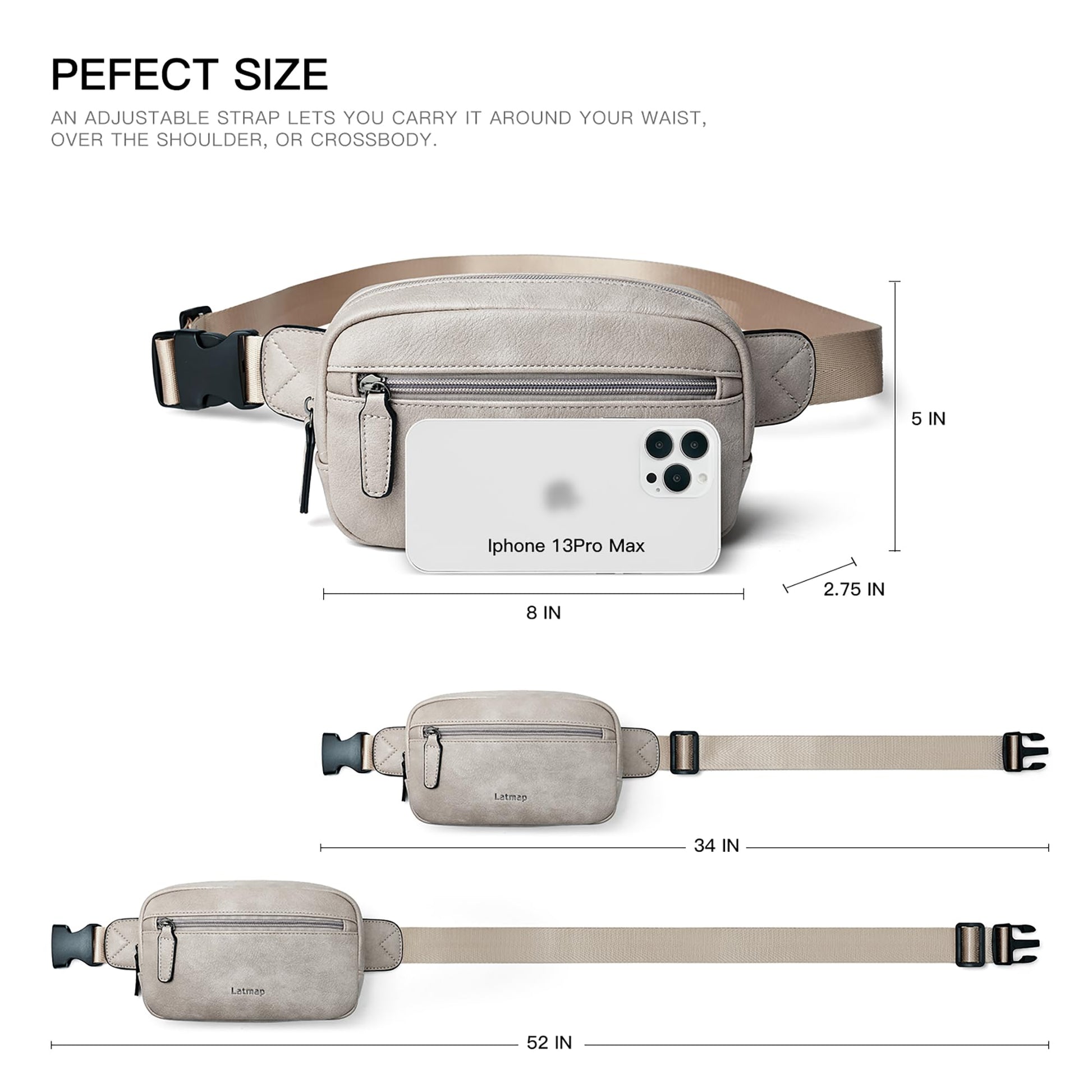 LATMAP - Riñonera de 2 L para todas partes, pequeña y a la moda, bandolera de piel sintética, impermeable, para mujer, a la moda, GrisáceoGreyish), Pequeño, Moda casual
