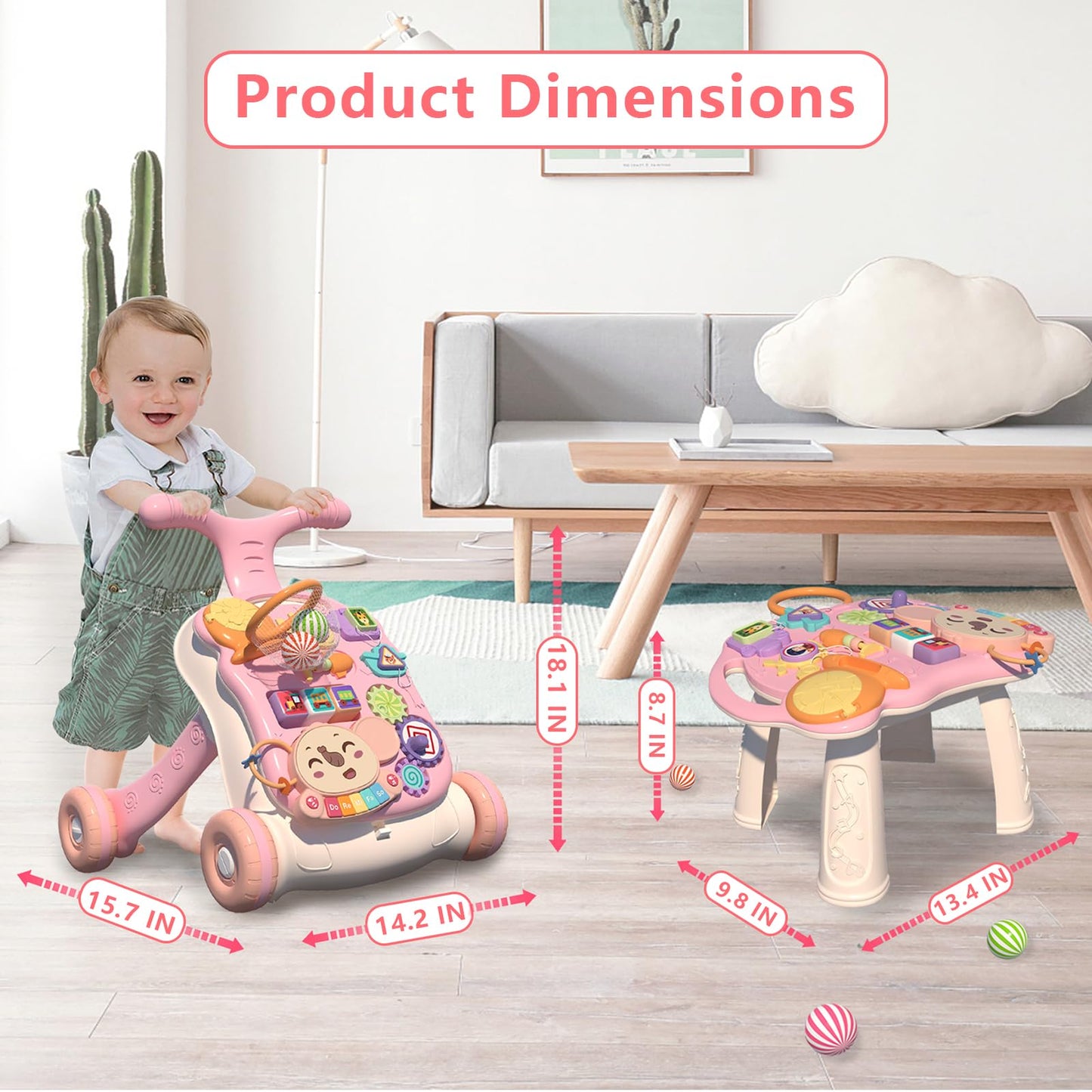 QDRAGON 3 en 1 Baby Walker y centro de actividades para niña, aprendiendo a caminar, sentarse para estar de pie, juguetes educativos tempranos con panel de música para bebés más de 12 meses, color
