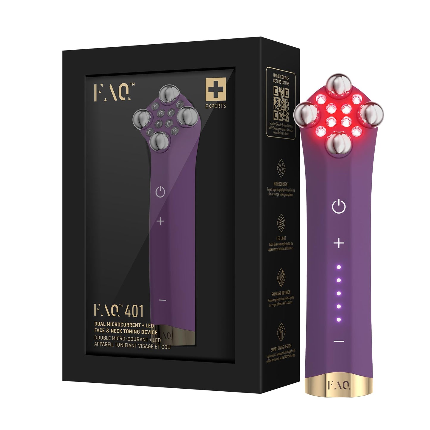 FAQ 401 Dispositivo de Lifting Facial con Doble Microcorriente y Luces LED - Masajeador Facial con Luz Roja, Azul para Drenaje Linfático, Contorno de Ojos y Reafirmación