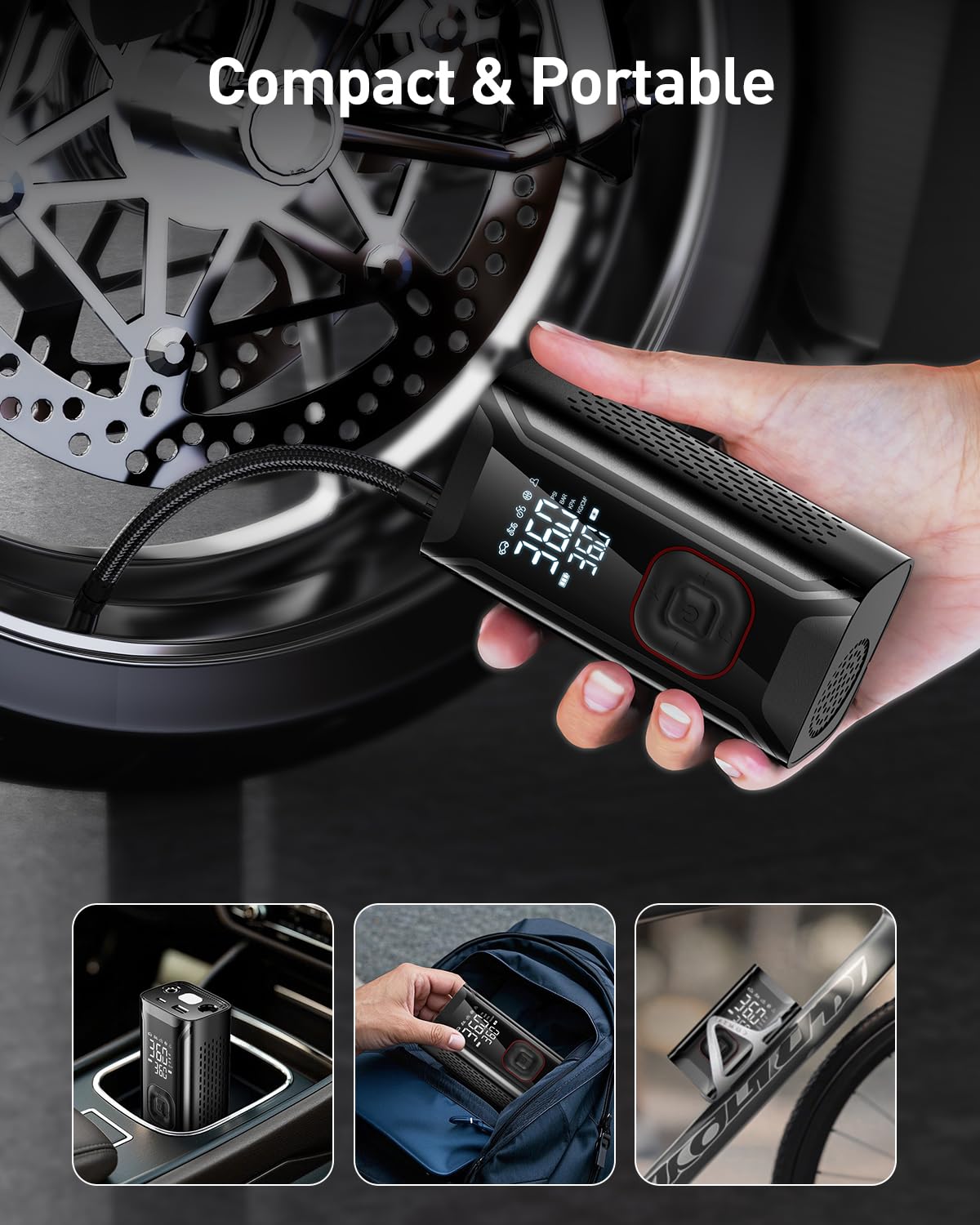 Inflador de neumáticos, compresor de aire portátil, bomba de aire portátil con medidor de presión digital, inflado para coches, bicicleta, motocicleta, bola