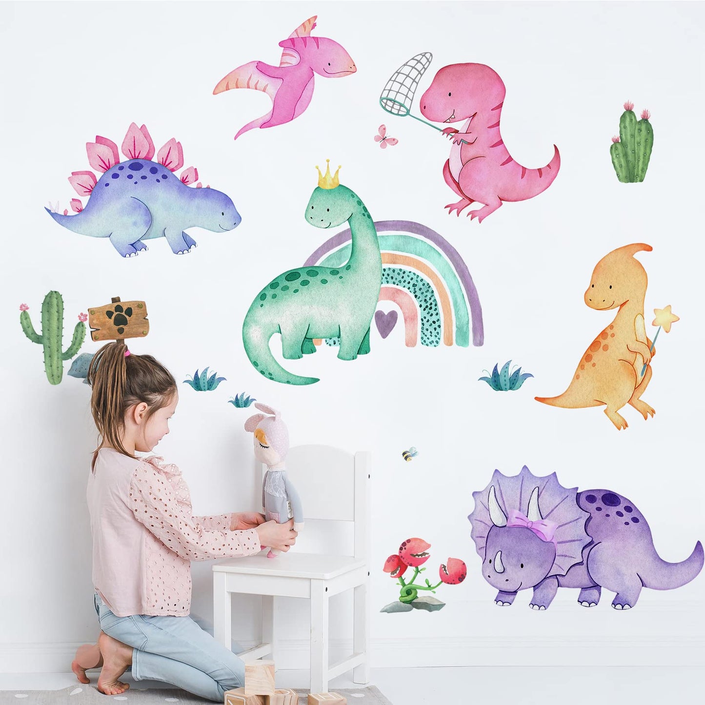 Yovkky - Calcomanías de pared de dinosaurios para niñas, decoración de cuarto de bebé, diseño de cactus de arcoíris, plantas tropicales, decoración del hogar, recámara de niños, sala de juegos