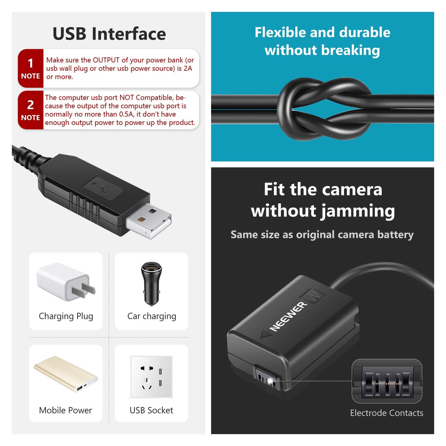 Neewer - Acoplador DC de repuesto para NP-FW50 adaptador de corriente de batería simulada con cable USB compatible con Sony A7 A7R A7S A7II A7RII A7SII A6500 A6400 A6300 A6100 A6000 NEX5 NEX7 DSC-RX10