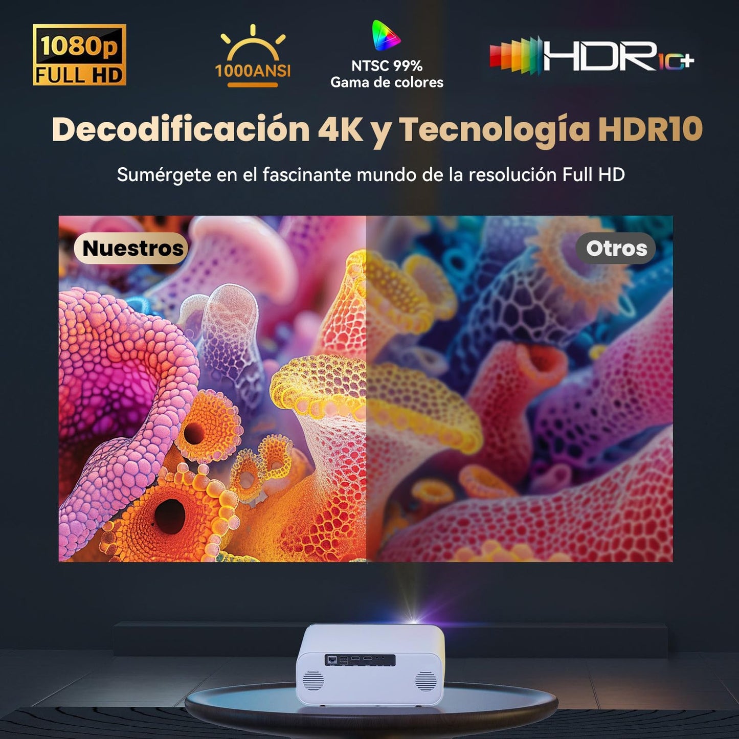 VUEKIME 【Enfoque Automático/1000ANSI】 Proyector 4K Pro Portátil, Android 12.0, Silencioso, 300 Pulgadas, 40000 Lúmenes, Soporte 4K, 2.4/5GHz WiFi 6, Bluetooth 5.2, Compatible con iOS/Android/PC/PS5