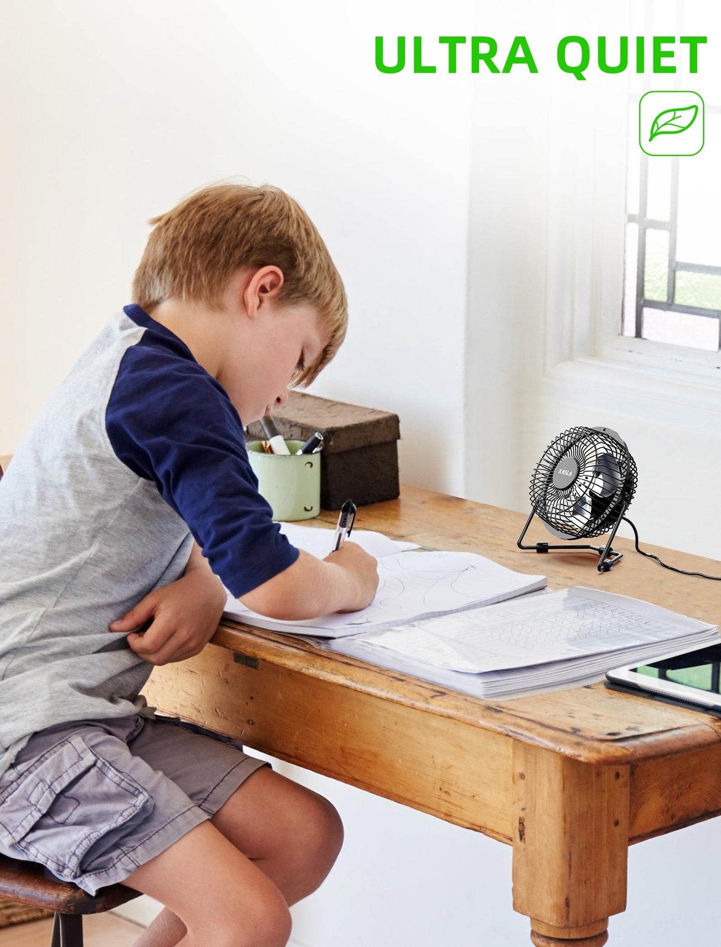 Ventilador de Escritorio USB de 4 Pulgadas xasla Negro con Estructura Metálica, Alta Potencia y Ángulo Ajustable 360°
