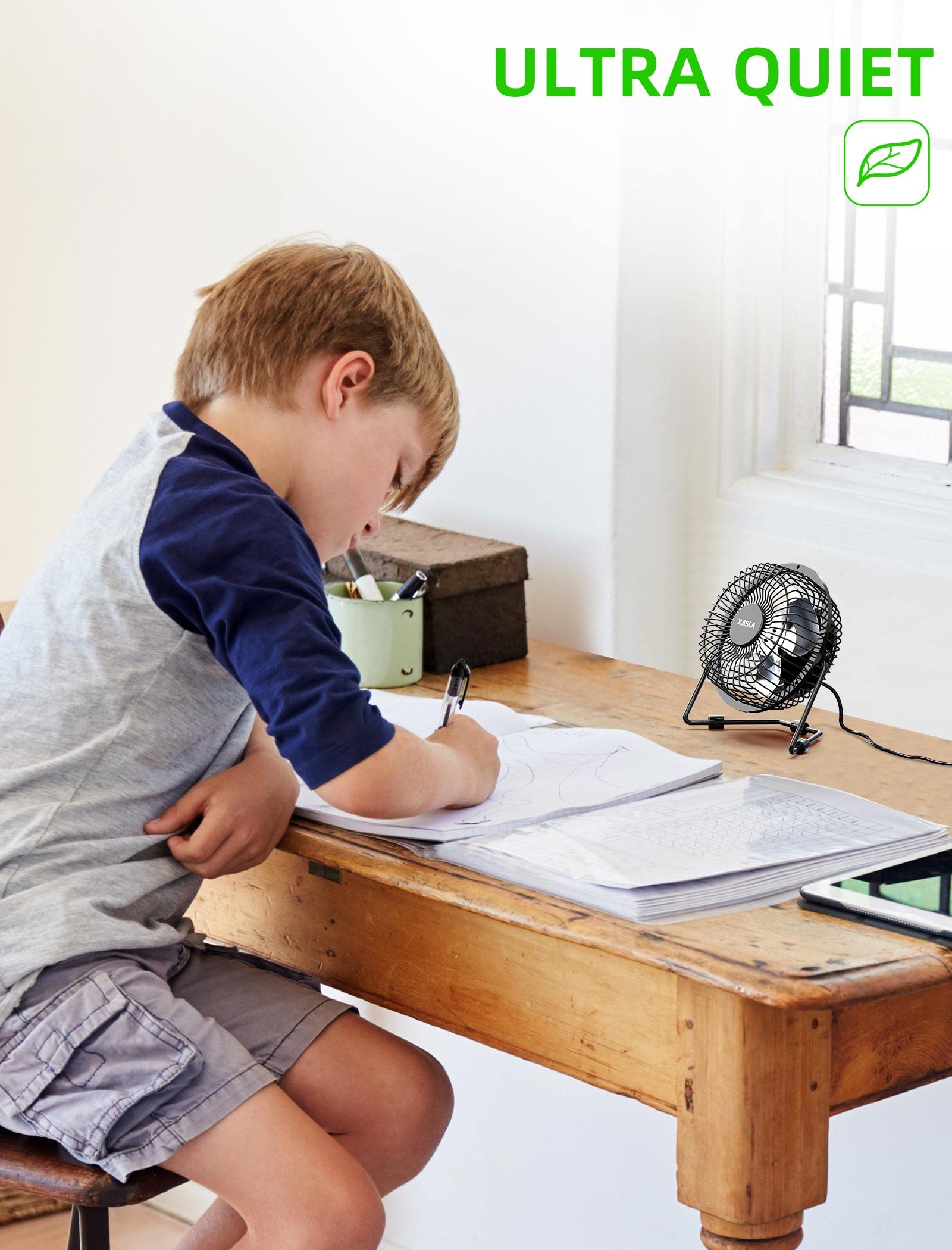 Ventilador de Escritorio USB de 4 Pulgadas xasla Negro con Estructura Metálica, Alta Potencia y Ángulo Ajustable 360°