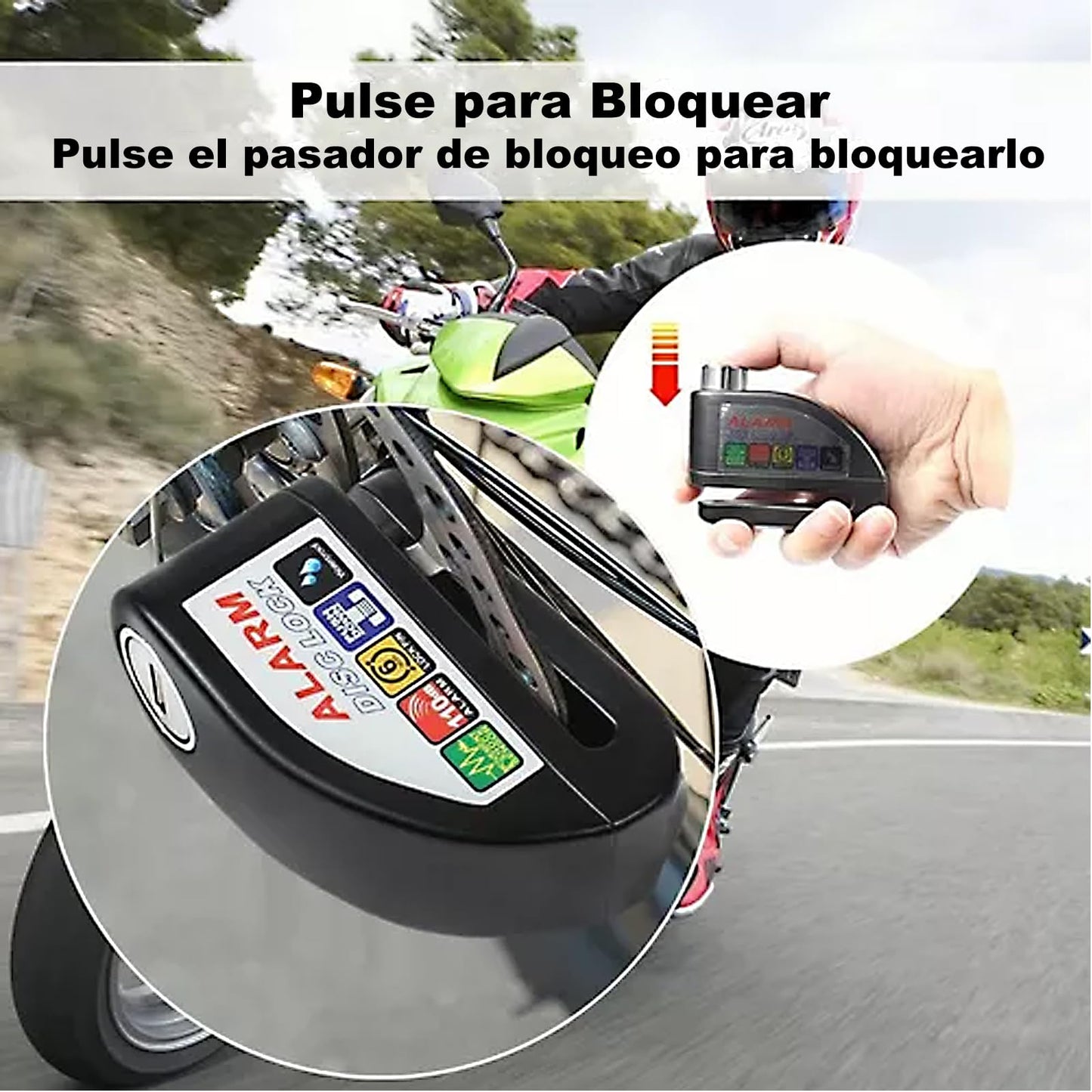 BAKEWAY Candado para Motocicleta y Bicicleta,Candado para Motocicleta Universal con Alarma de 110dB Impermeable IP65 Seguro Antirrobo con Motocicleta Bicicleta etc Vehículos con Llanta de Disco