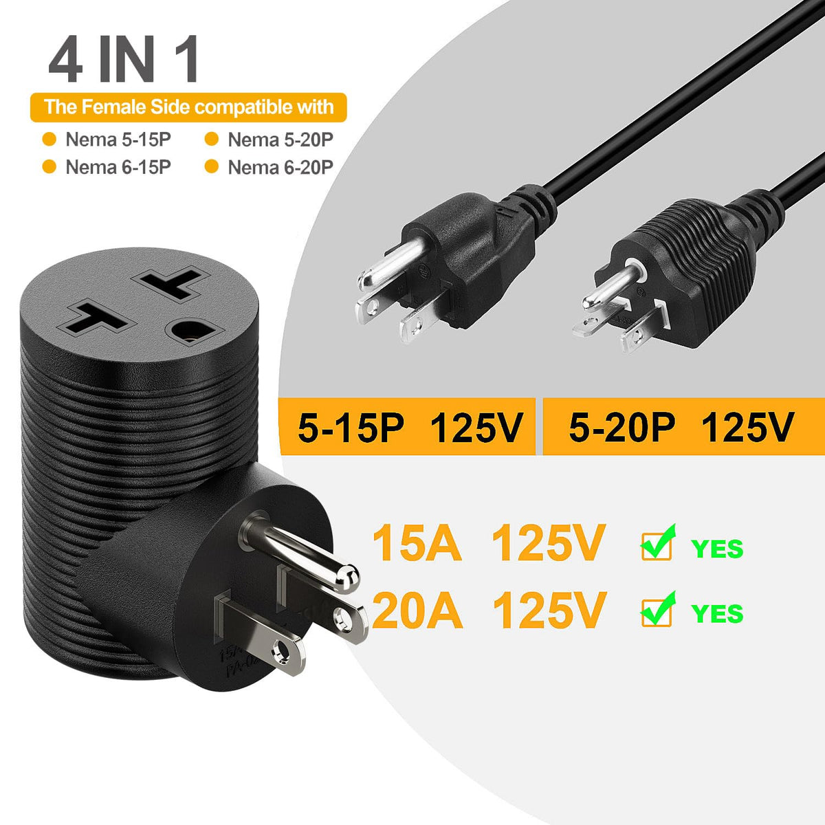 Adaptador de Corriente Plugrand Negro 4 en 1 90 Grados 15A a 20A