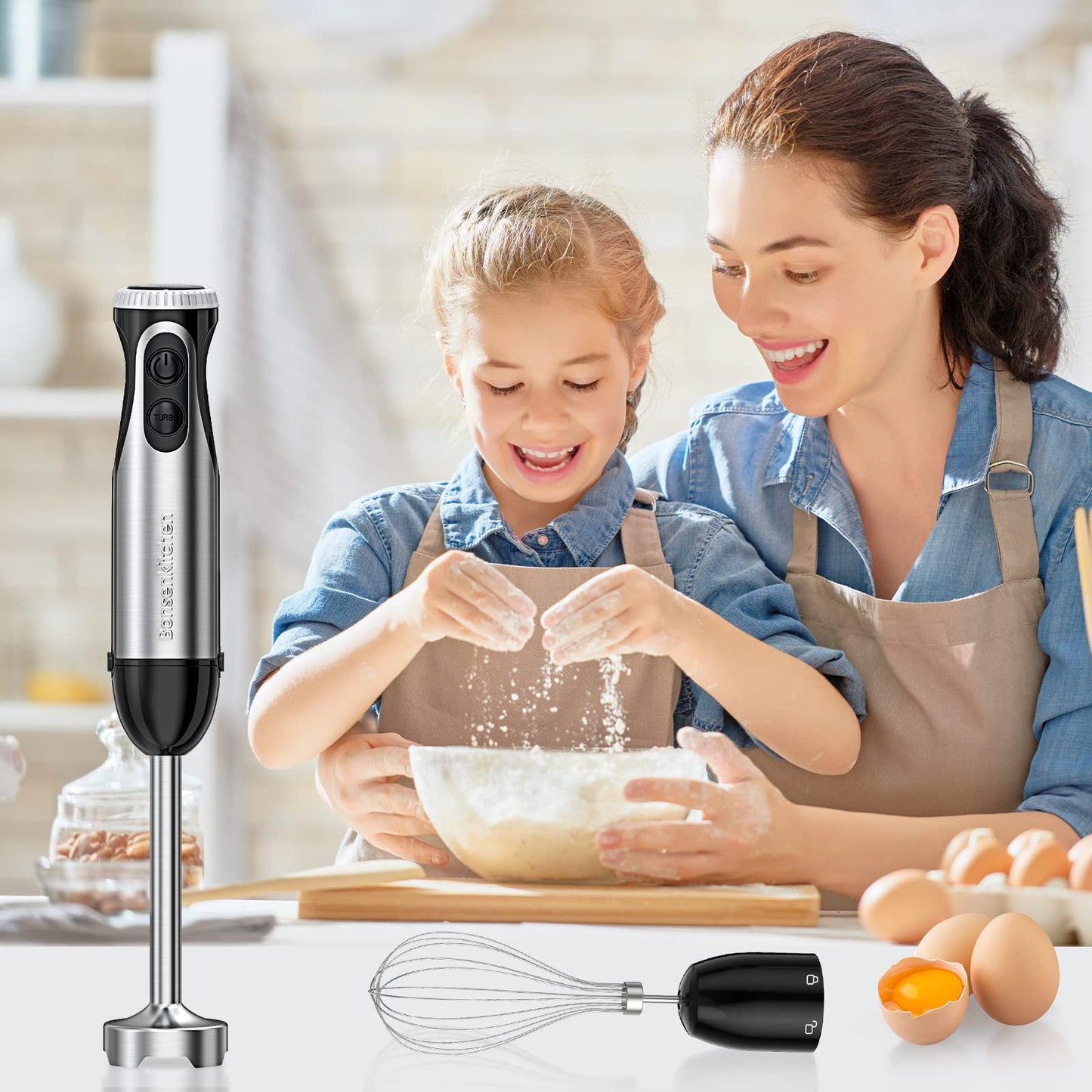 Bonsenkitchen Batidora de mano de inmersión 2 en 1, multiusos de 500 W con batidor, 20 velocidades y modo turbo, de acero inoxidable 304 para licuados, papillas para bebés y sopas