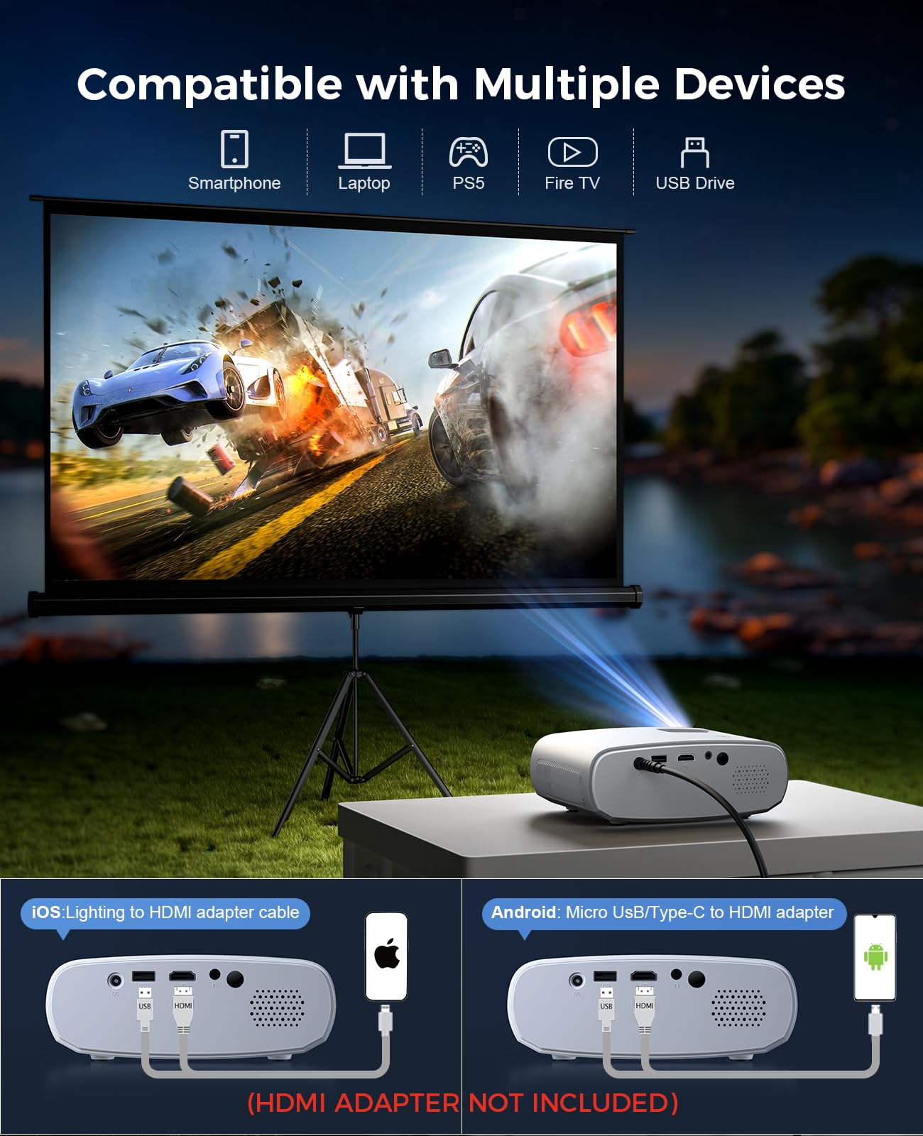 ELEPHAS - Mini proyector para iPhone, proyector HD 1080P actualizado 2024, proyector portátil 8000L con trípode, proyector de película Compatible con Android/iOS/Windows/TV Stick/HDMI/USB
