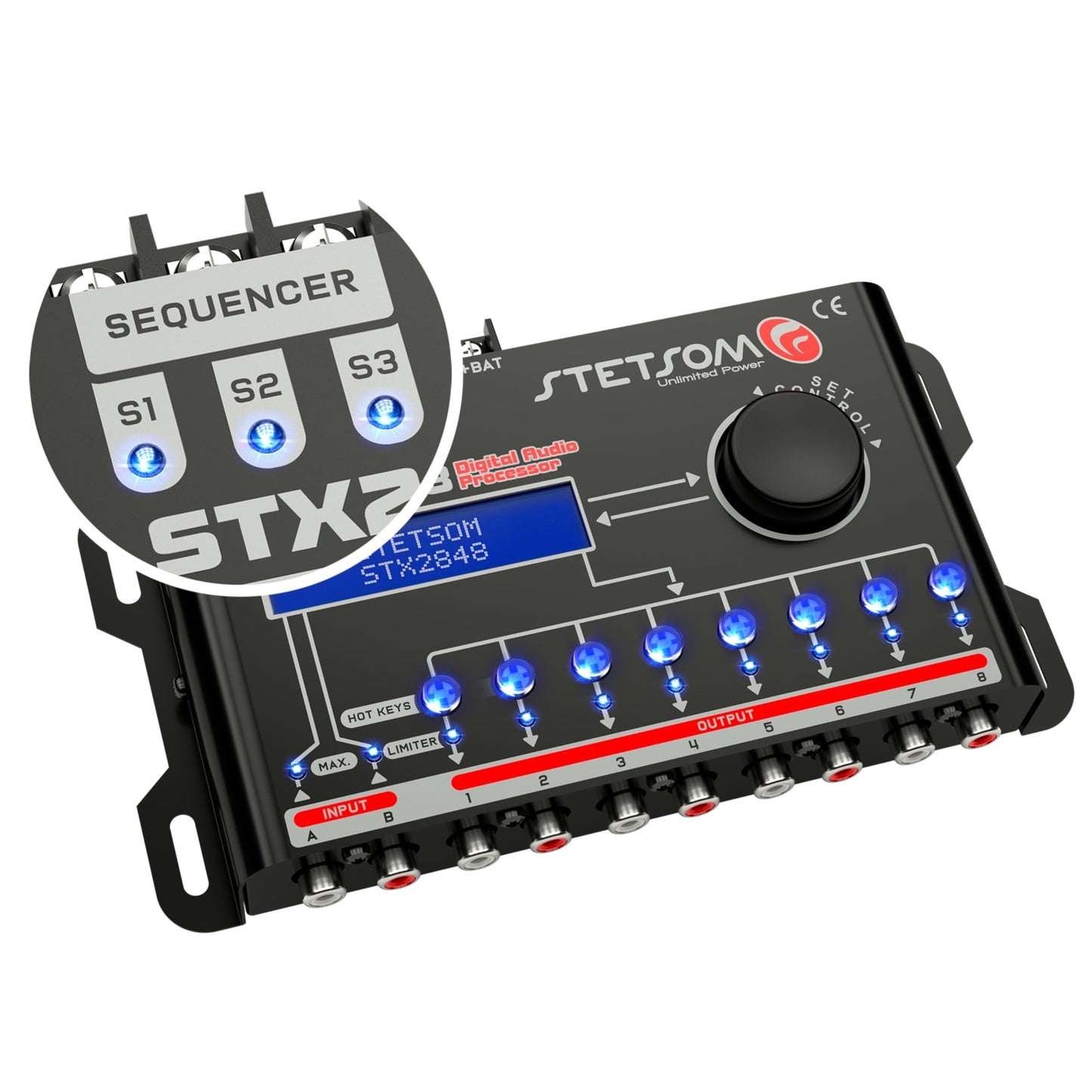 Stetsom STX 2848 DSP Crossover & Equalizer Procesador de señal Digital Completo de 8 Canales (secuenciador) Relé Remoto 2.8