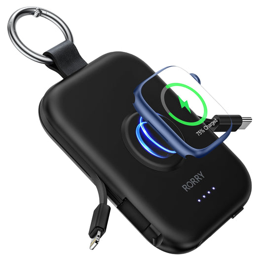 Power Bank RORRY Negro con Cables Integrados para Apple Watch y iPhone