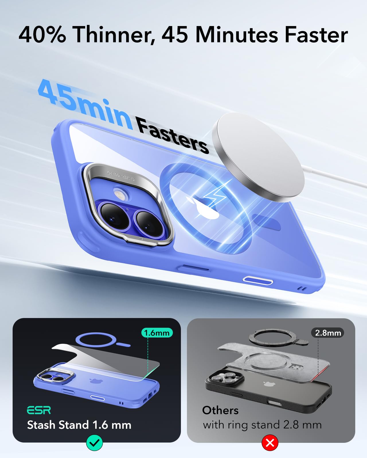 ESR - Funda para iPhone 16 Plus, botón de control de cámara compatible con MagSafe, protección de grado militar, soporte integrado, funda trasera resistente a arañazos, clásica, azul transparente