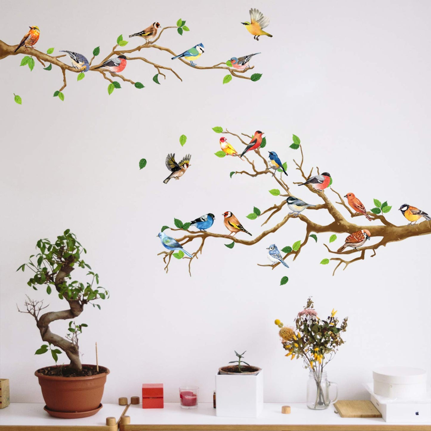 DILIBRA - calcomanía decorativo para pared con diseño de colibrí en la rama del árbol, hoja verde y pájaro volador, vinilo decorativo para pared autoadhesivo, para jardín, sala de estar, recámara,