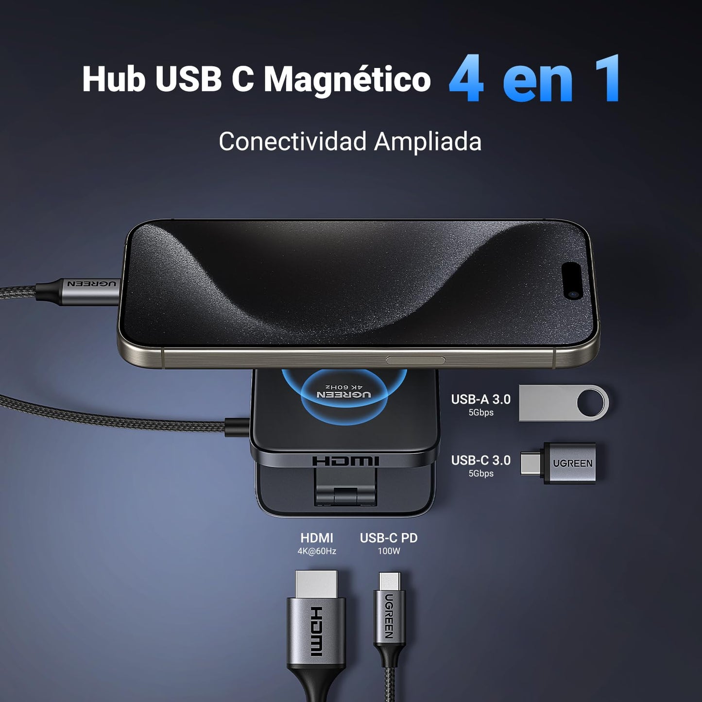Hub USB C UGREEN Plata con Adaptador Magnético HDMI 4K y Carga PD 100W para Celular
