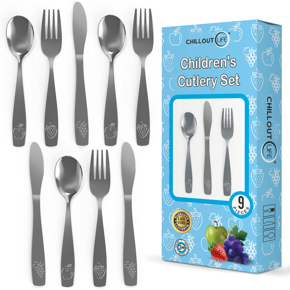 Juego de cubiertos de acero inoxidable de 9 piezas para niños, cubiertos seguros para niños y niños, juego de utensilios para niños, juego de cubiertos de metal para niños, incluye 3 cucharas pequeñas, 3 tenedores y 3 cuchillos