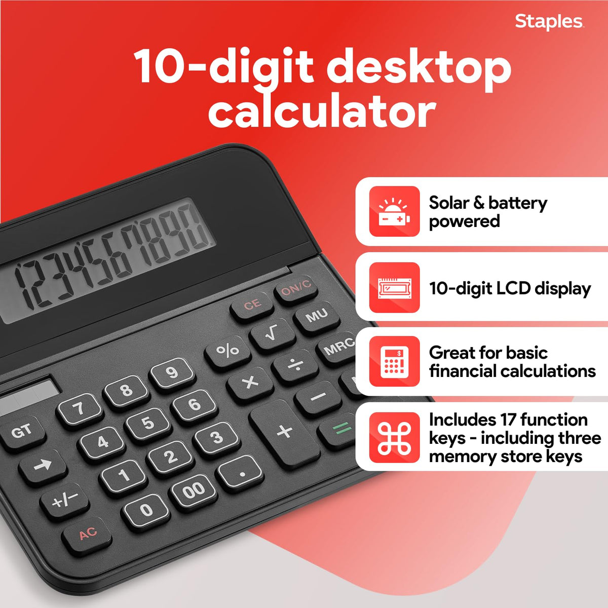 Calculadora Básica Staples Negro Solar y Batería de 10 Dígitos