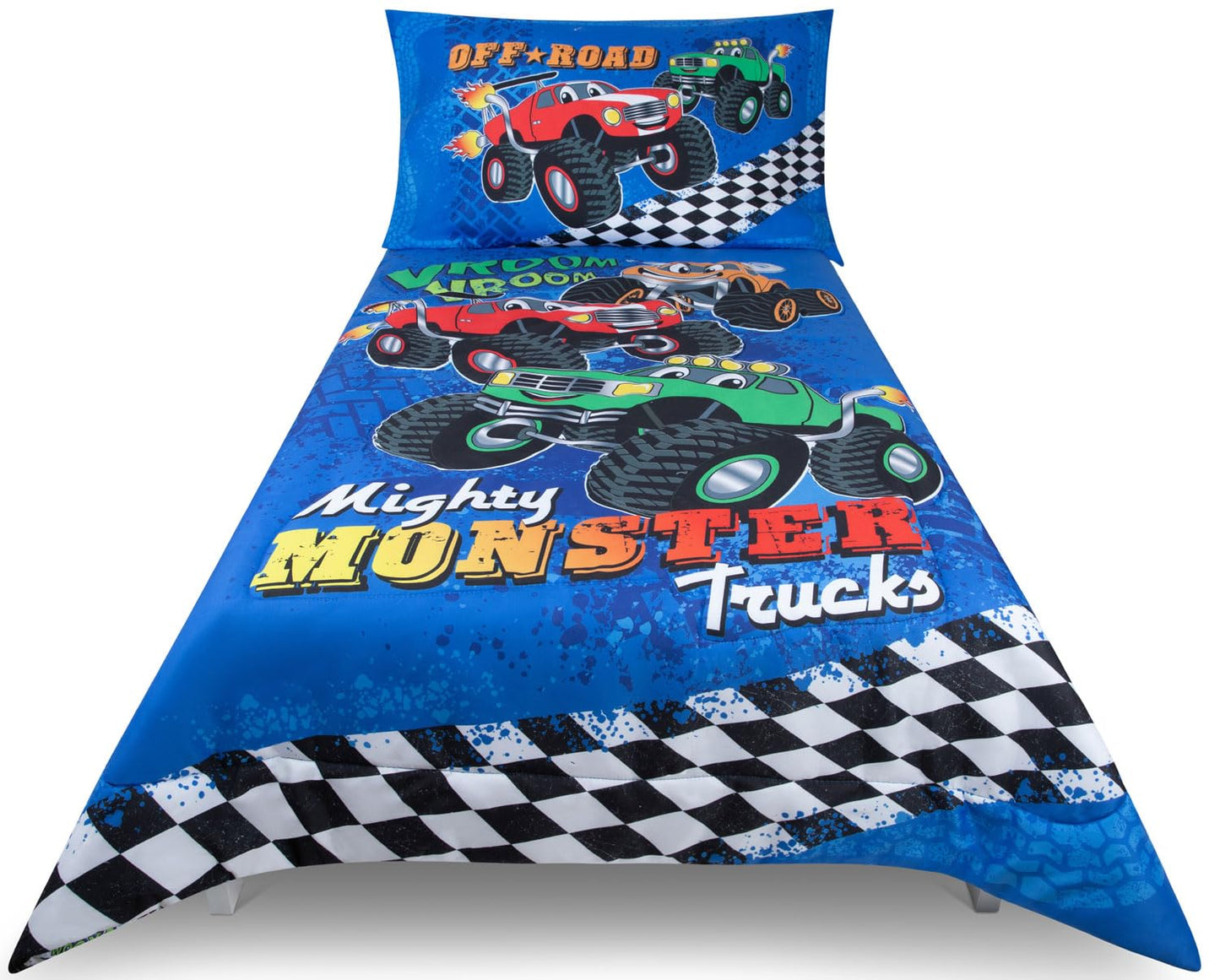 Todays Kids Monster Trucks - Juego de ropa de cama infantil para niños, juego de edredón de 4 piezas para niños, edredón reversible y funda de almohada, sábana encimera, sábana bajera, microfibra