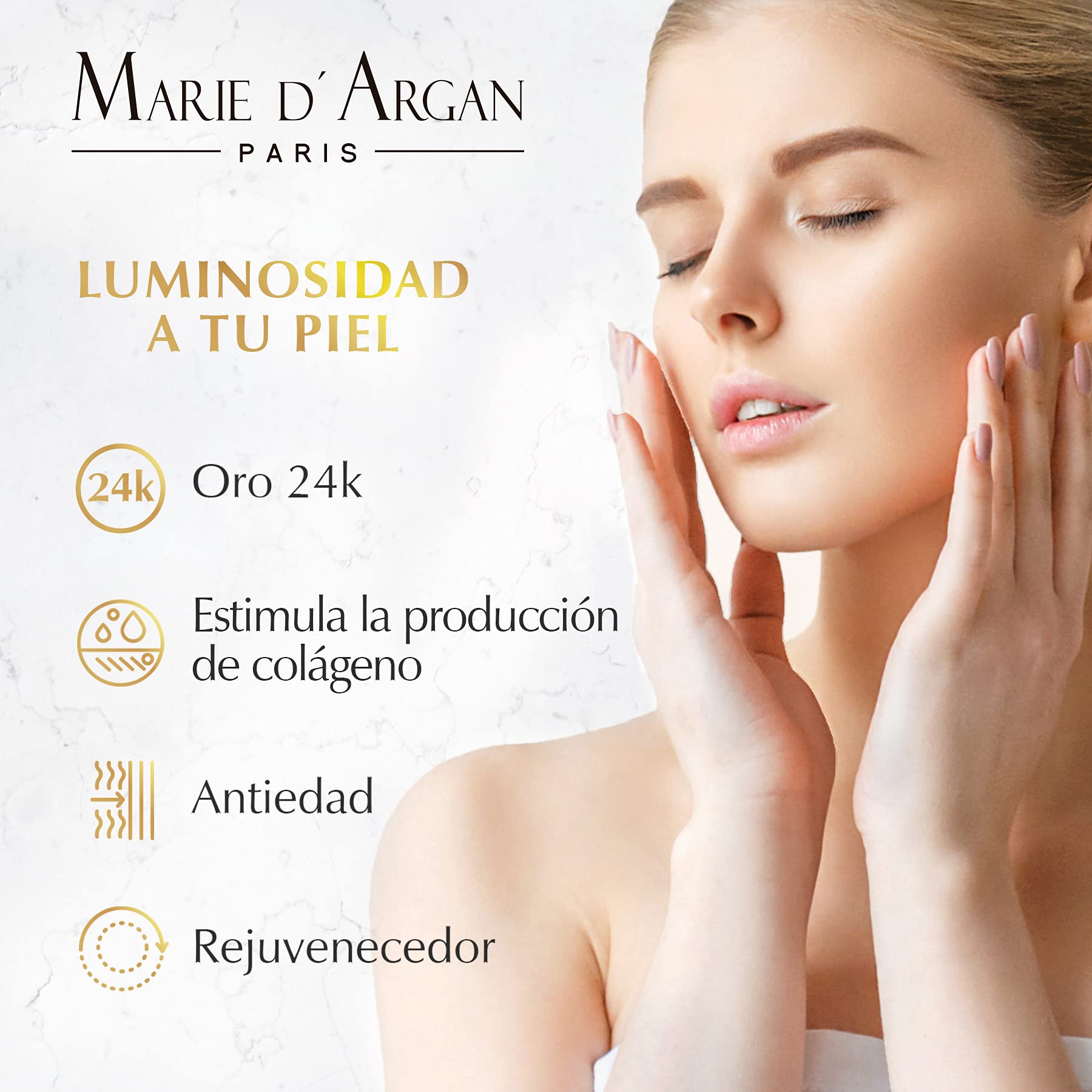 Sérum Oro Marie d'Argan, con Oro de 24K y Ácido Hialurónico, Antiedad, Antiarrugas, Hidratante, Tonifica, Todo Tipo de Piel
