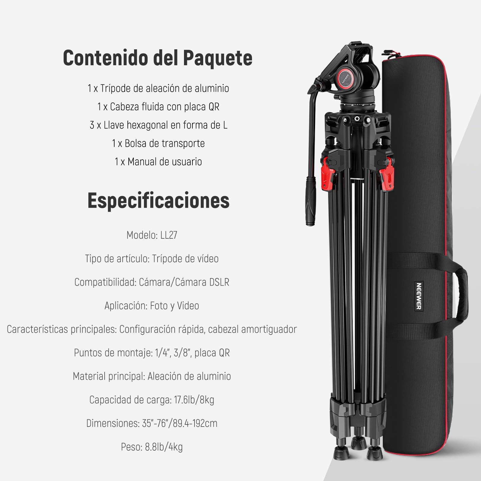 Trípode para Cámara NEEWER Aluminio 76 Pulgadas Cabezal Fluido Amortiguación Ajustable