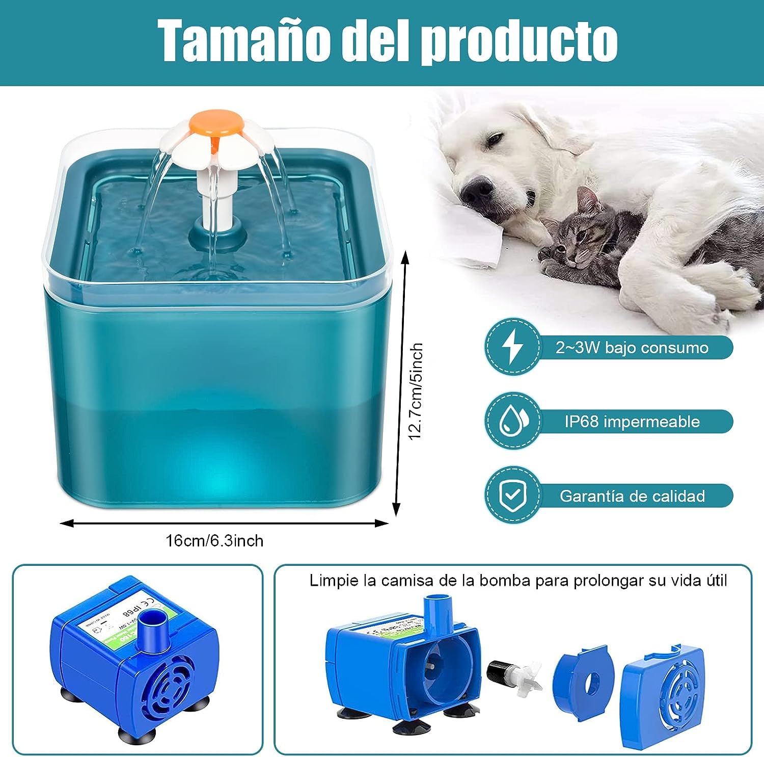 Bebedero para Gatos, 2L Fuente para Gato Y Perro con Filtro, Fuente Silencioso para Mascotas, con LUZ en Noche, para Gatos, Perros y Múltiples Mascotas