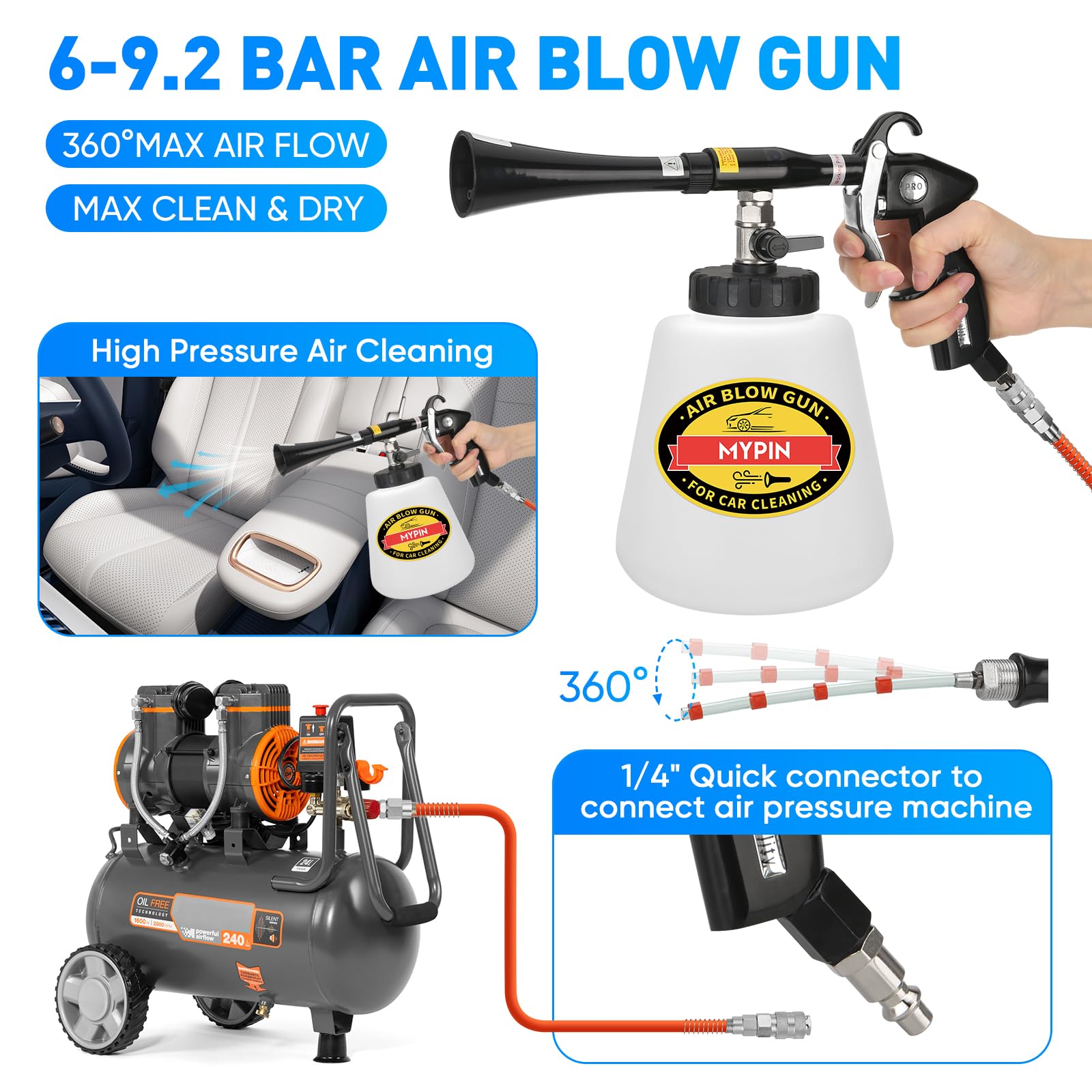 Kit de Pistola de Limpieza de Coche MYPIN Alta Presión con Boquillas para Tapicería y Asientos de Vehículos