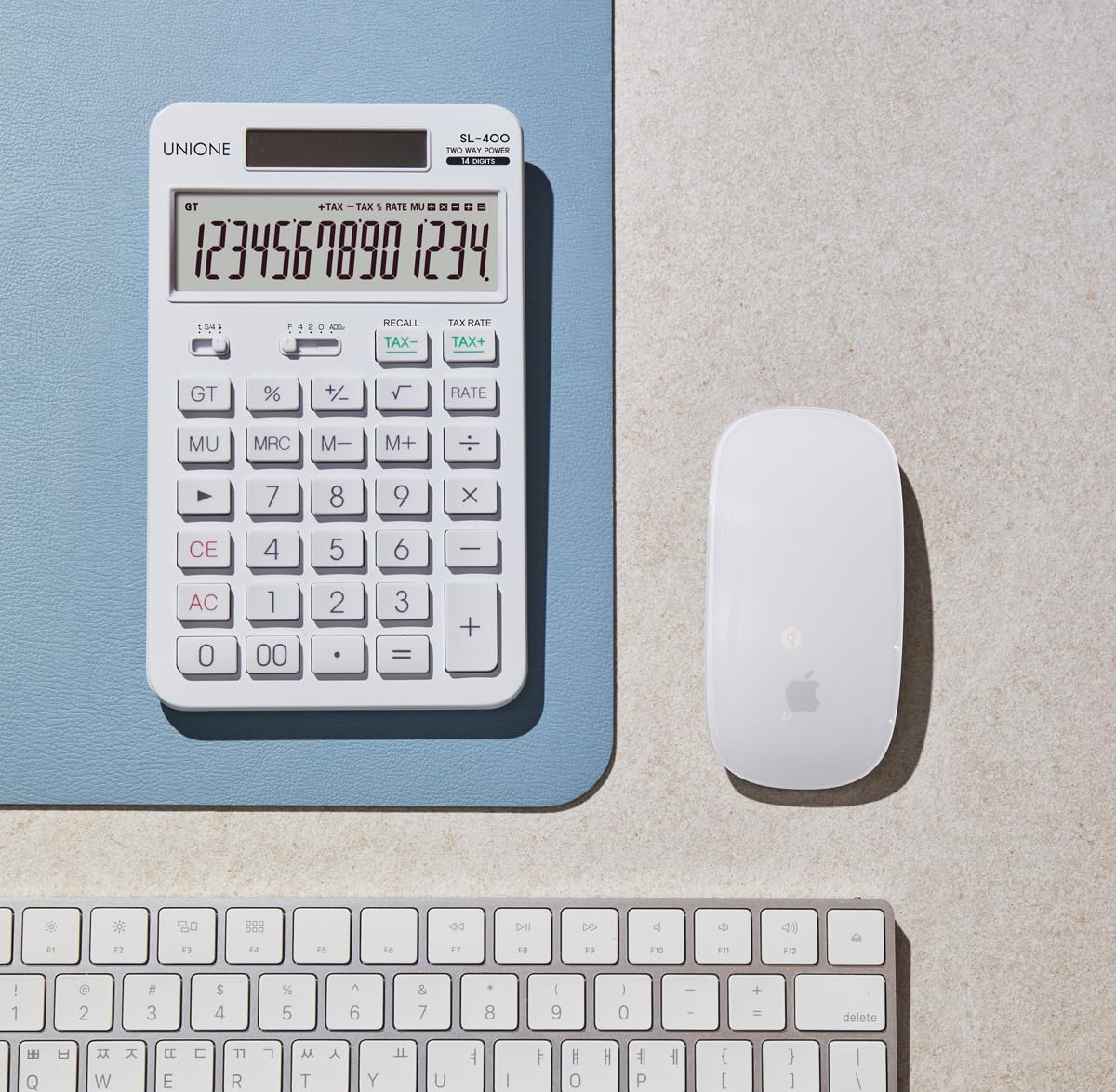 Calculadora UNIONE blanca de 14 Dígitos con Pantalla LCD Brillante para Negocios, Oficina y Escuela Secundaria