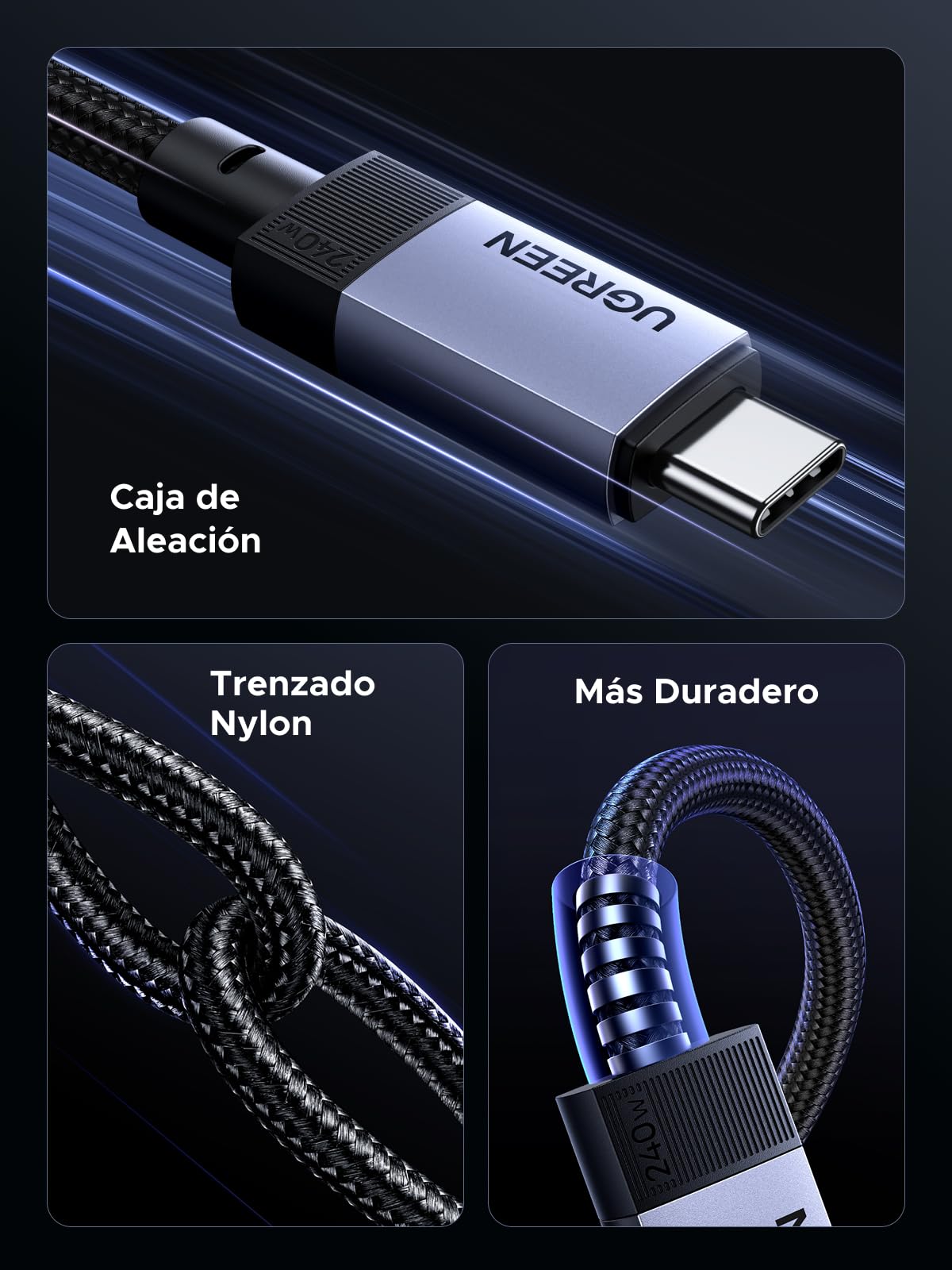 Cable de Datos USB C UGREEN 240W Negro 40Gbps USB4.0 GEN3 8K 60Hz 1M