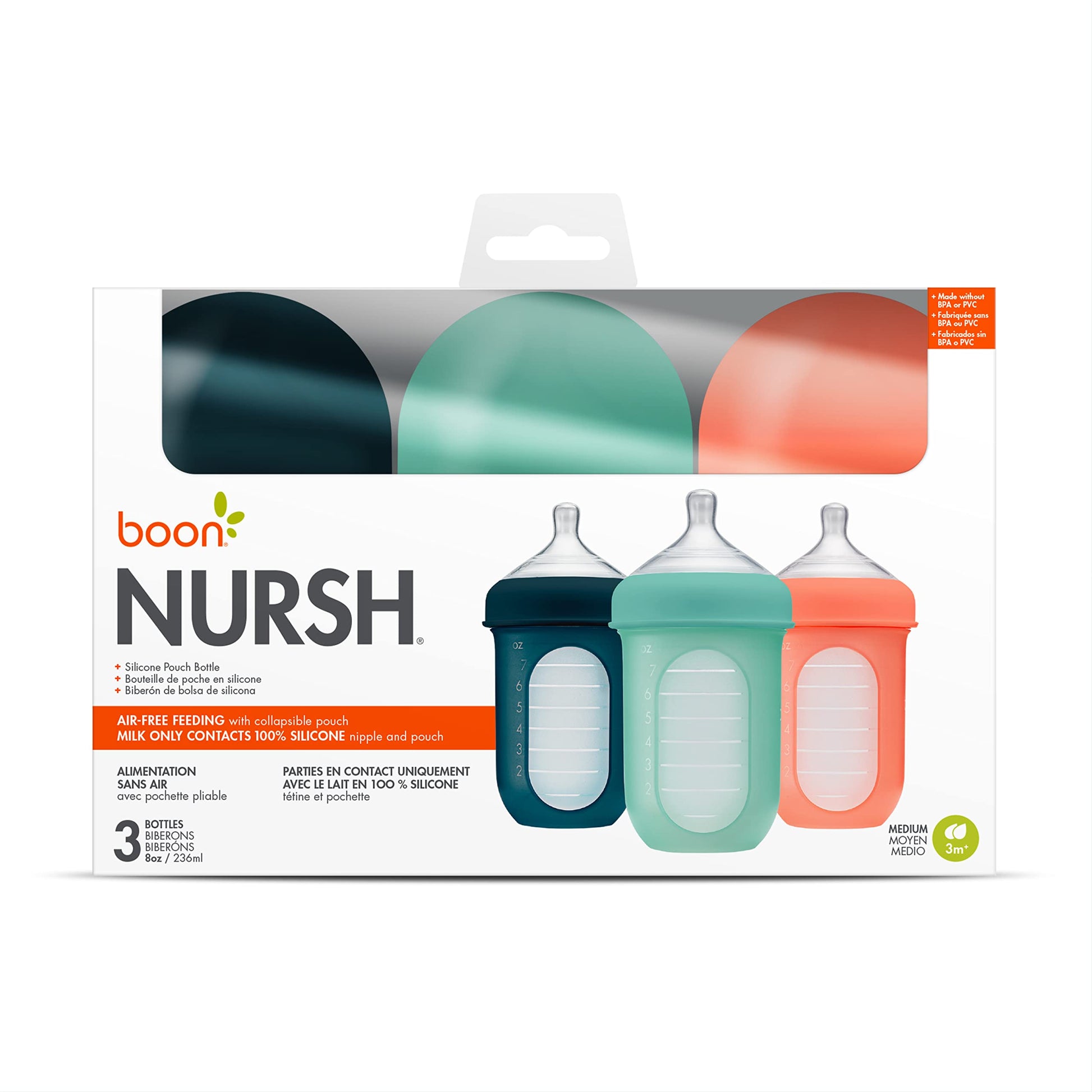 Boon B11341 Botellas reutilizables de silicona para enfermería, 8 onzas, menta (3 unidades), 3 unidades (paquete de 1), menta
