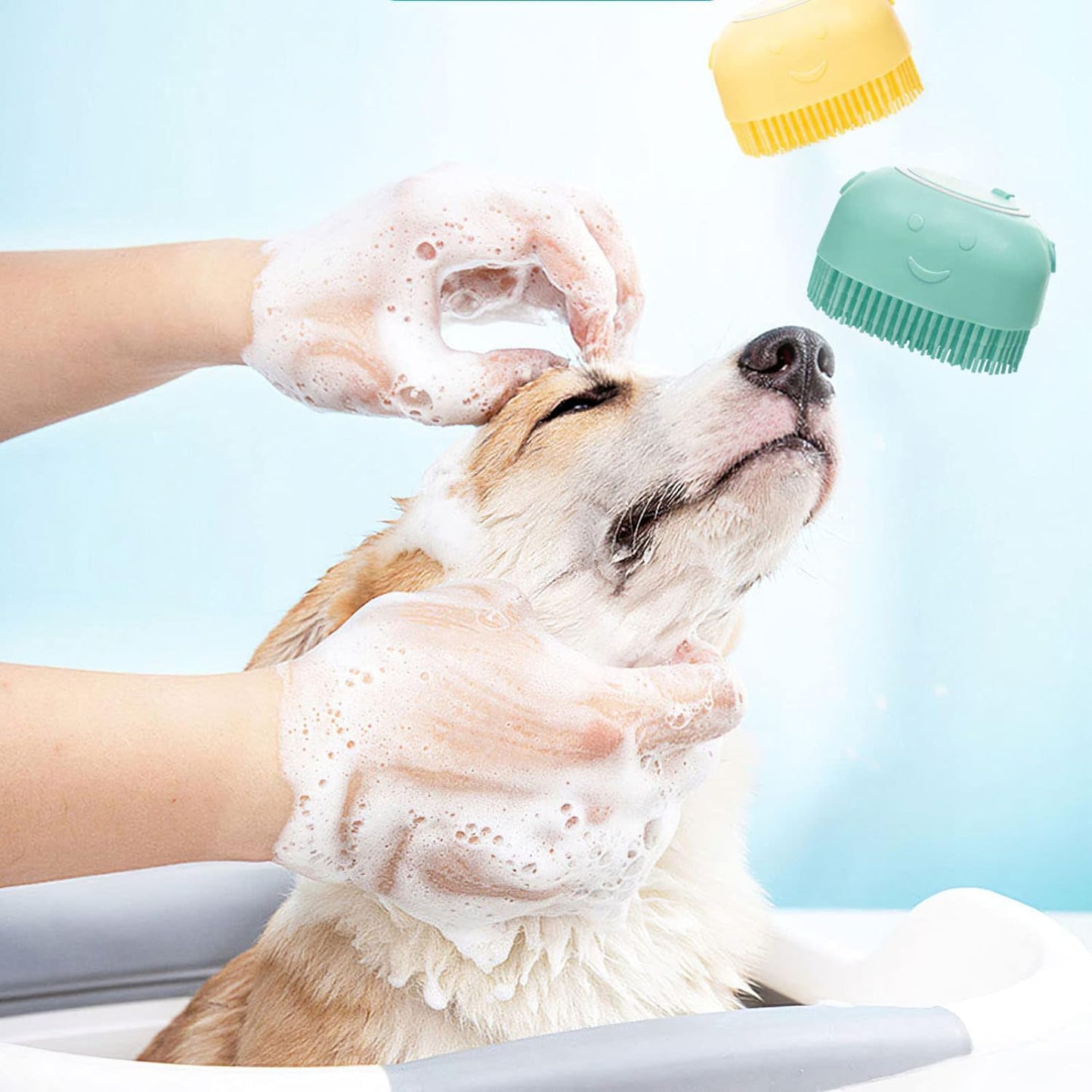 3PCS Cepillo de Baño para Perros y Gatos, Cepillo de Champú de Silicona Suave, Cepillo de Masaje para Mascotas, Cepillo de Ducha de Aseo, Cepillo de Masaje para Cachorros, Dispensador de Champú (Forma Cuadrada, Rosa, Amarillo, Azul, Paquete De 3)