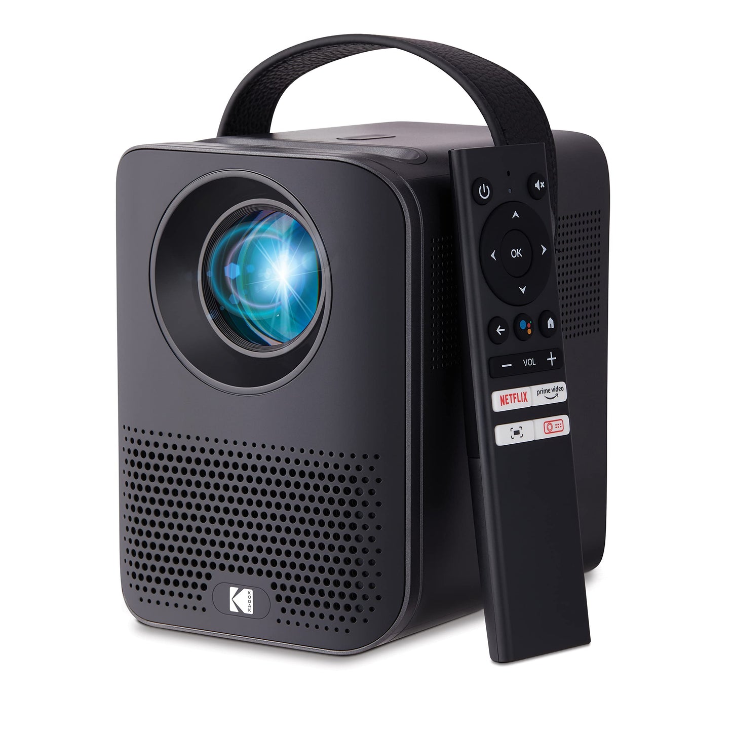 KODAK FLIK HD9 Proyector inteligente | Mini película portátil negra para interiores y exteriores con aplicaciones de transmisión de TV Android, Wi-Fi y Bluetooth, altavoces integrados y control remoto de voz, FHD 1080p para pantallas de hasta 120 pulgadas